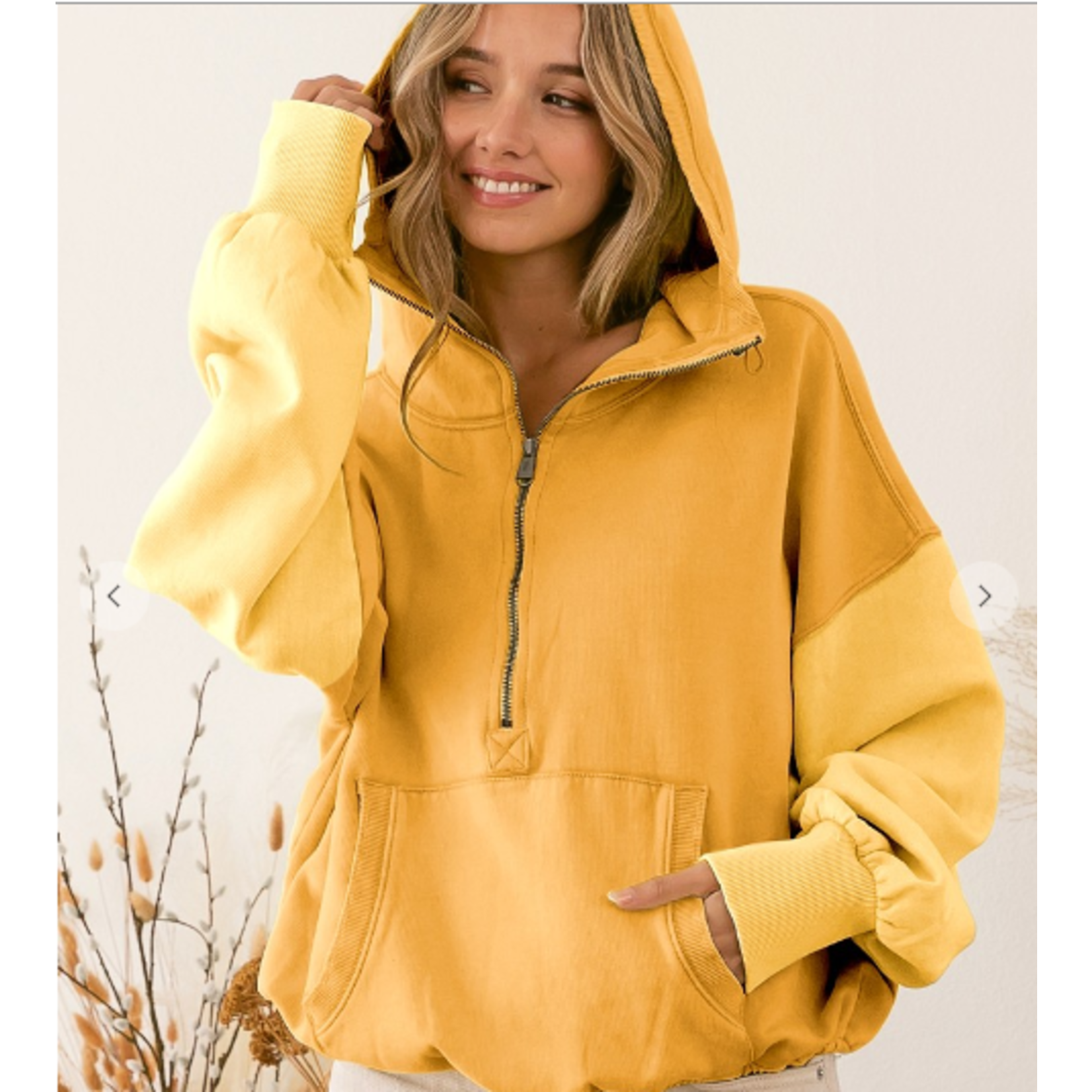 Bibi Clothing Color Block Elastic Hem Fleece Hoodie Apricot Multi