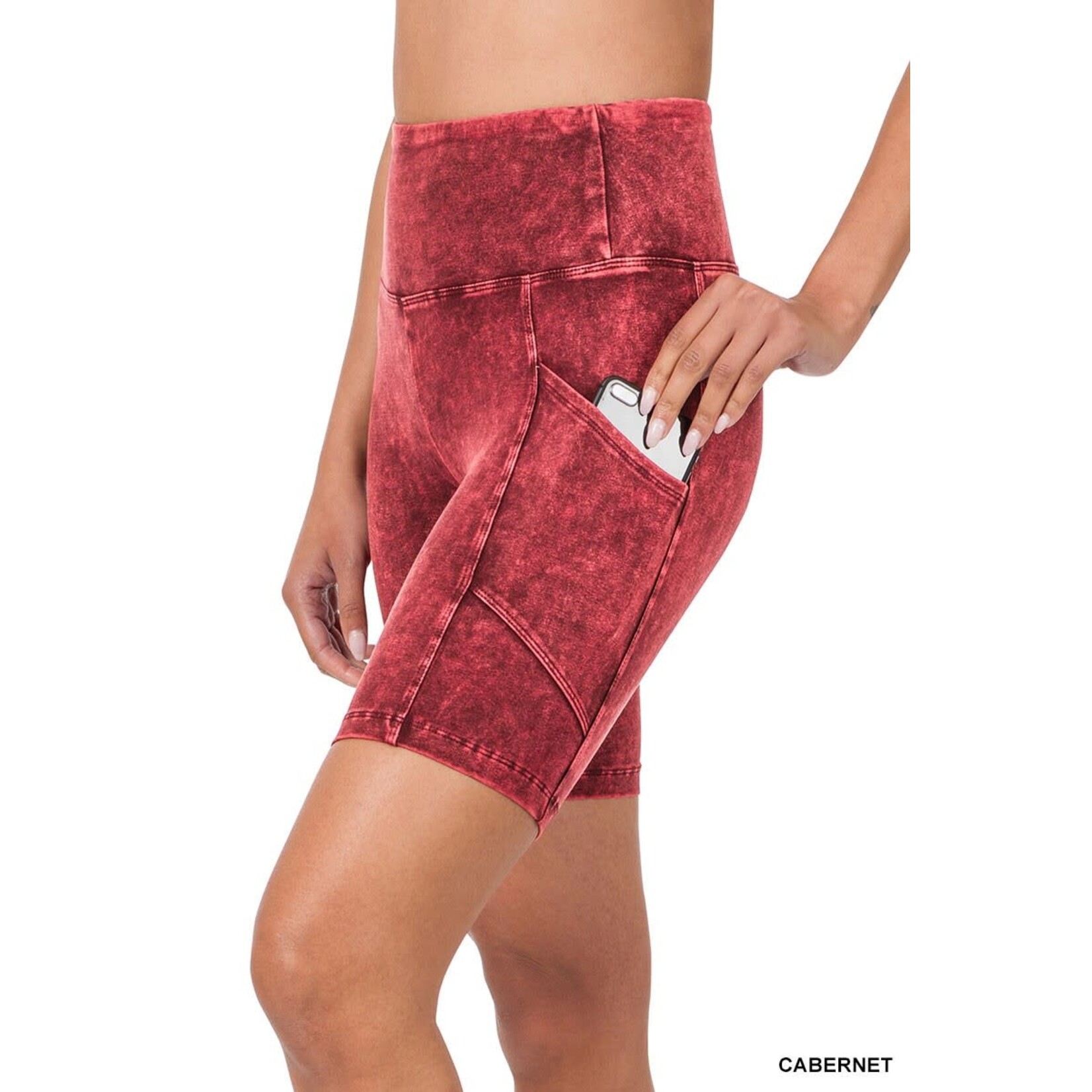 Zenana Zenana Mineral Wash Pocket Biker Shorts Cabernet Size Large