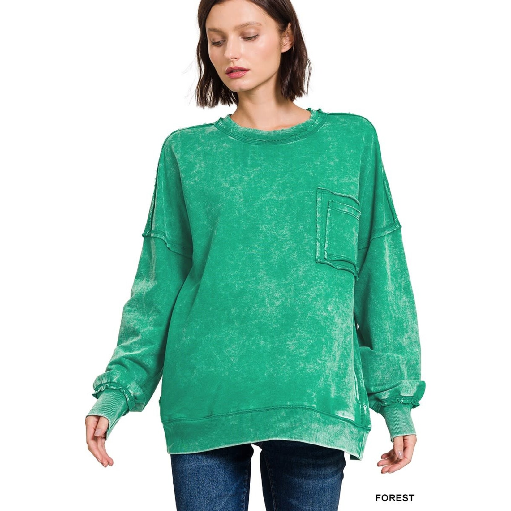 Zenana Zenana Acid Wash Raw Edge Front Pocket Pullover Forest