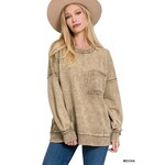 Zenana Zenana Acid Wash Raw Edge Front Pocket Pullover Mocha