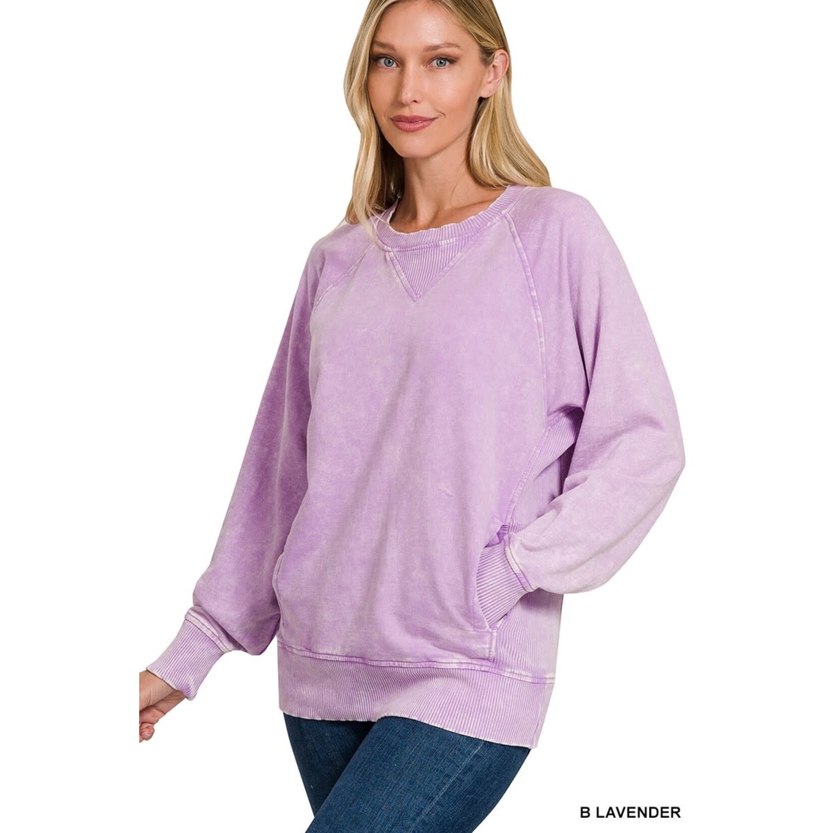Zenana Zenana Acid Wash French Terry Pullover with Pockets Lavender