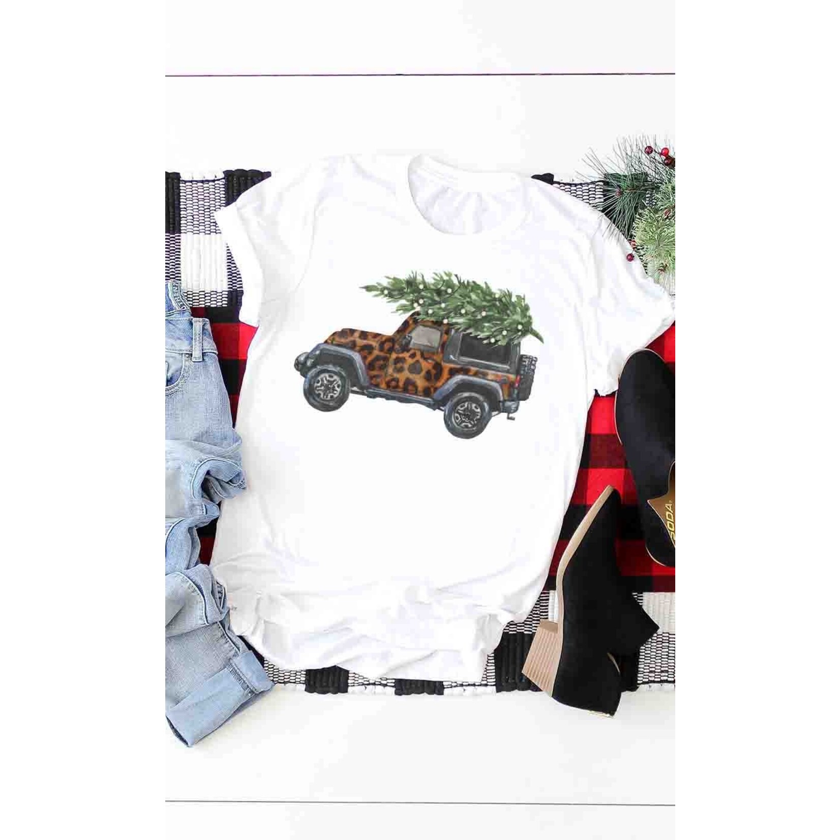 Kissed Apparel Kissed Apparel Leopard Jeep Christmas Tree T-Shirt White