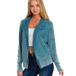 Zenana Zenana Acid Wash Cotton Waffle Hooded Zip Up Jacket Teal