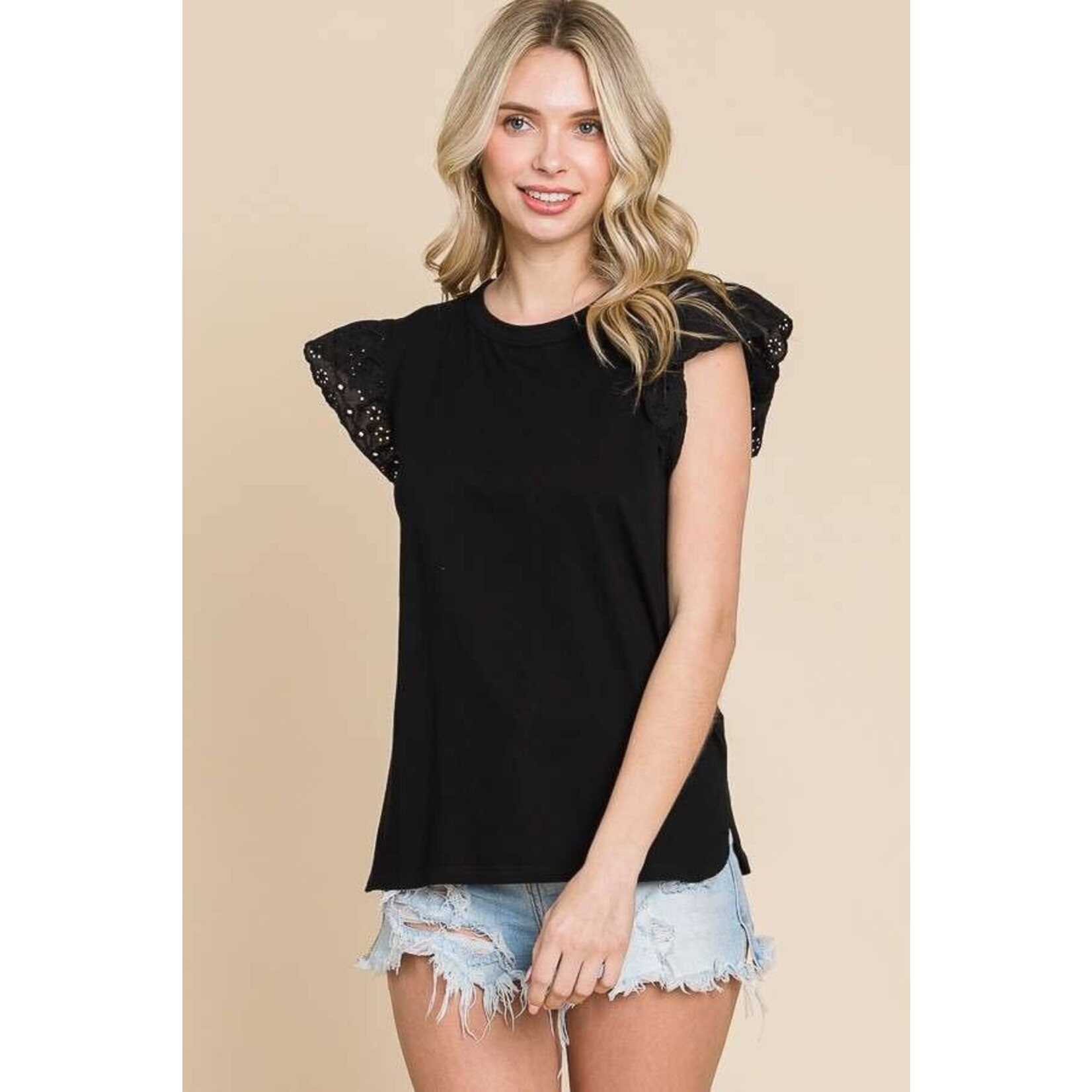 Culture Code Culture Code Crewneck Eyelet Cap Sleeve Top Black