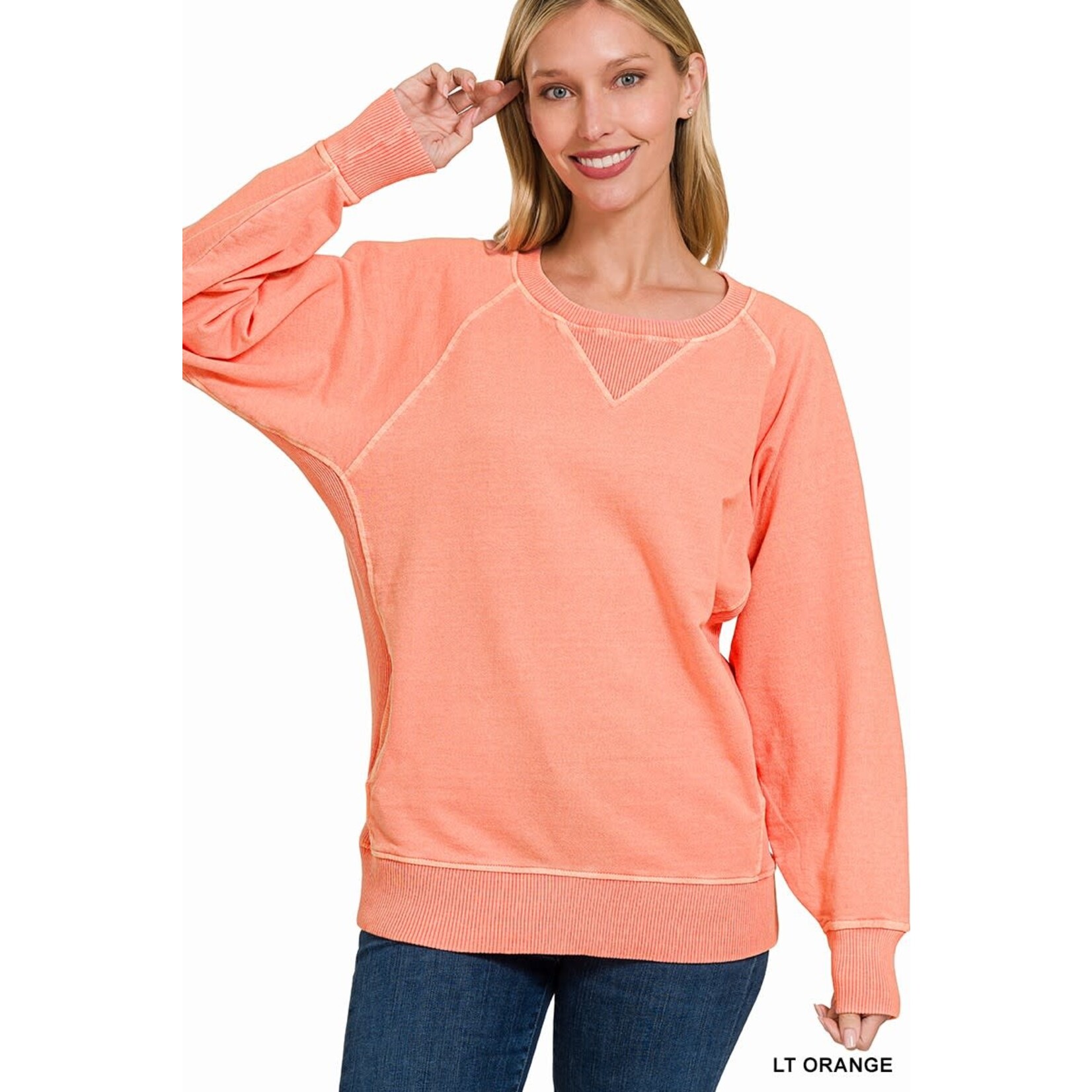 Zenana Zenana Pigment Dyed French Terry Pullover with Pockets Light Orange