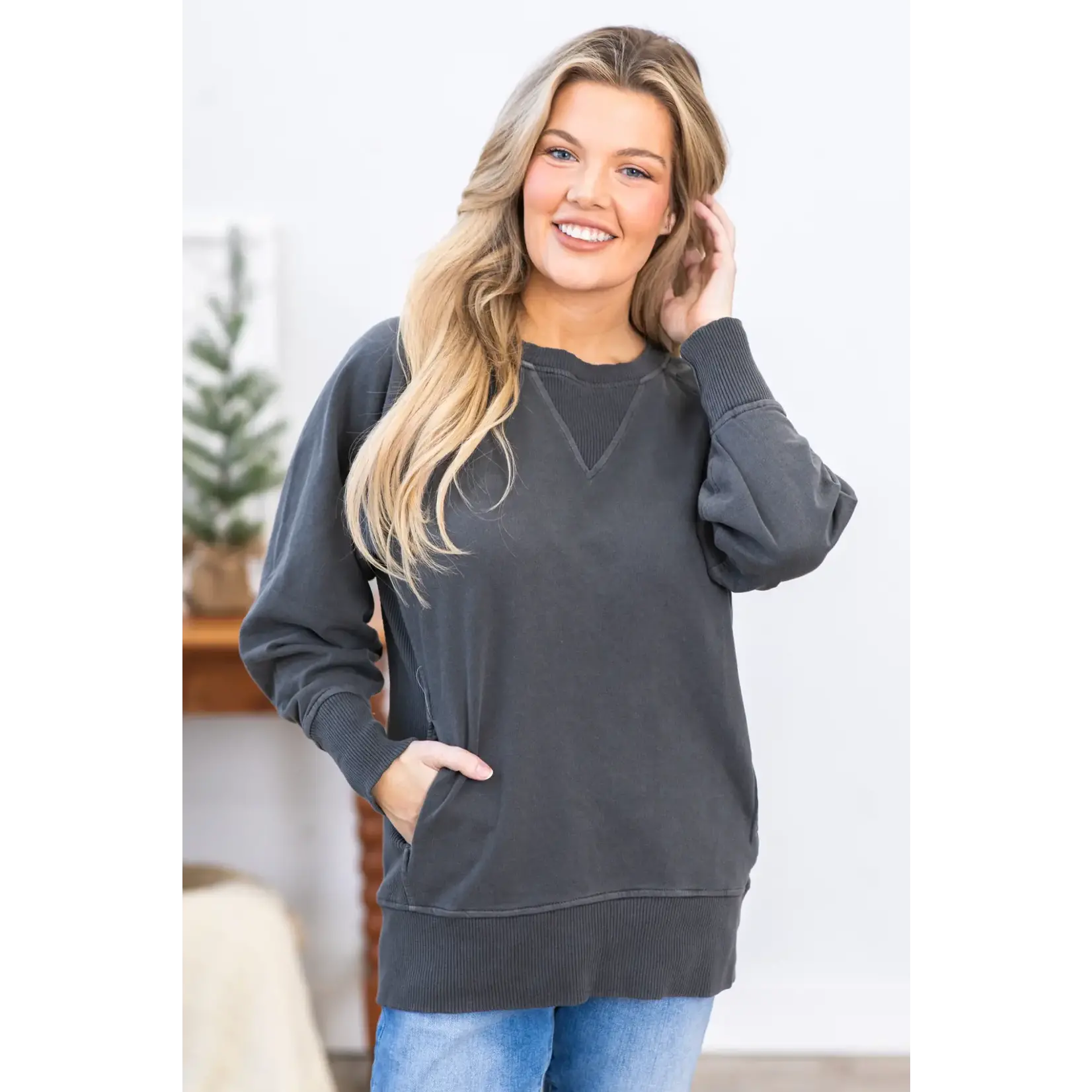 Zenana Zenana Pigment Dyed French Terry Pullover with Pockets Black