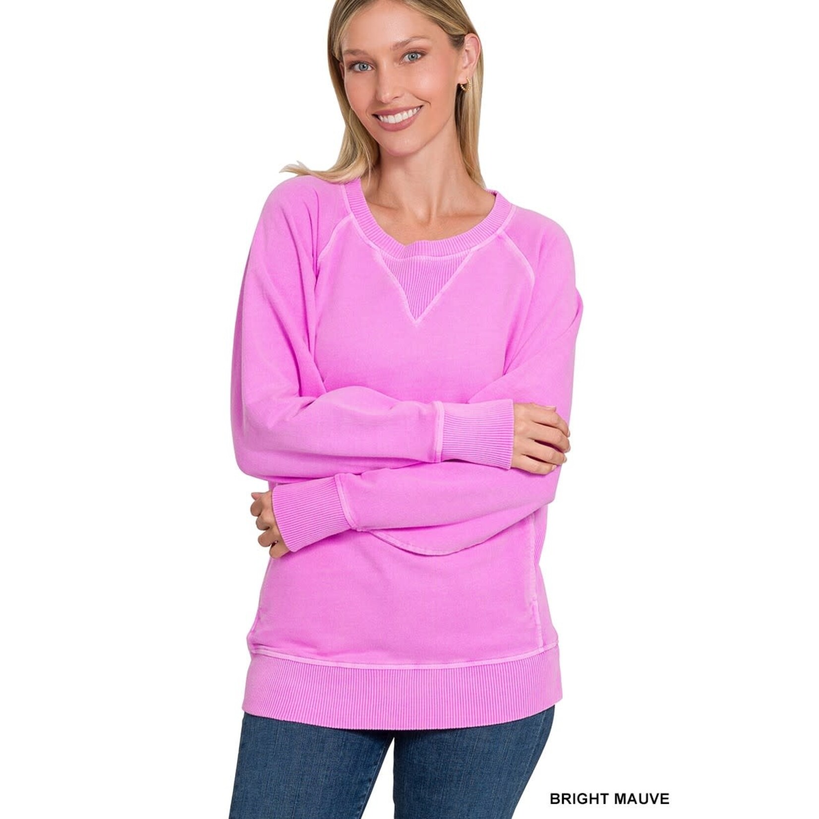 Zenana Zenana Pigment Dyed French Terry Pullover with Pockets Bright Mauve