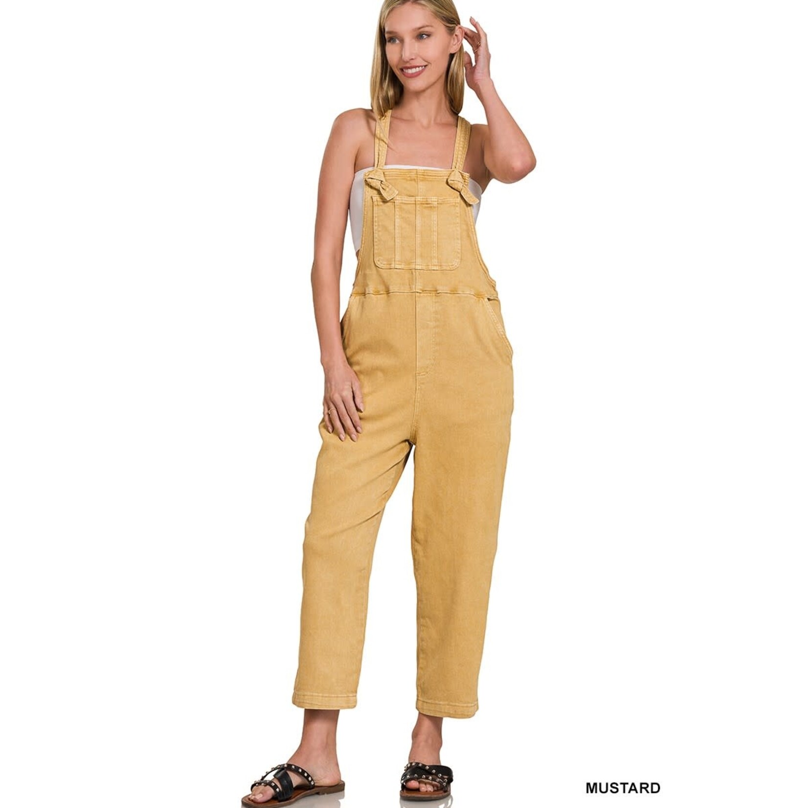 Zenana Zenana Washed Knot Strap Relaxed Fit Overalls Mustard