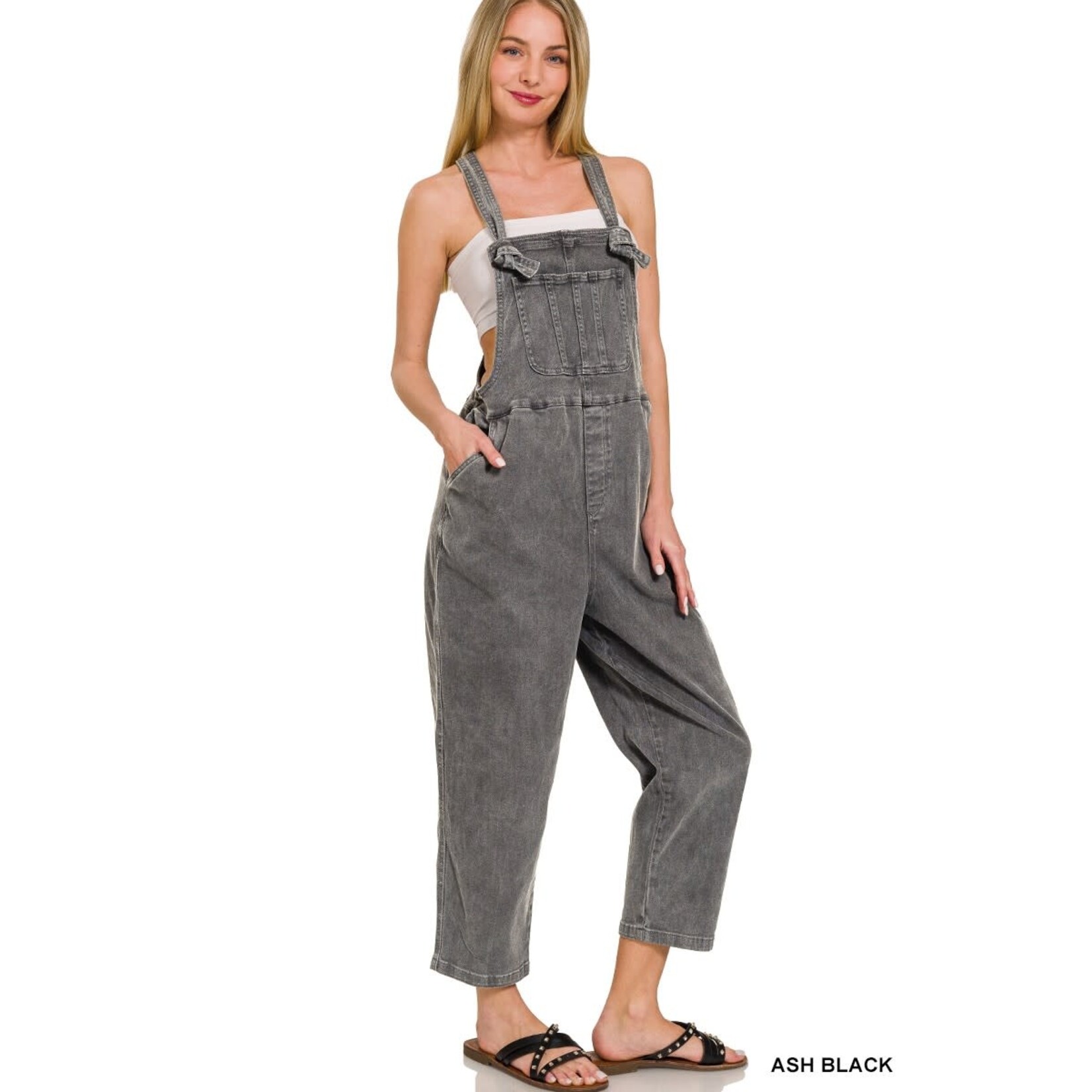 Zenana Zenana Washed Knot Strap Relaxed Fit Overalls Ash Black