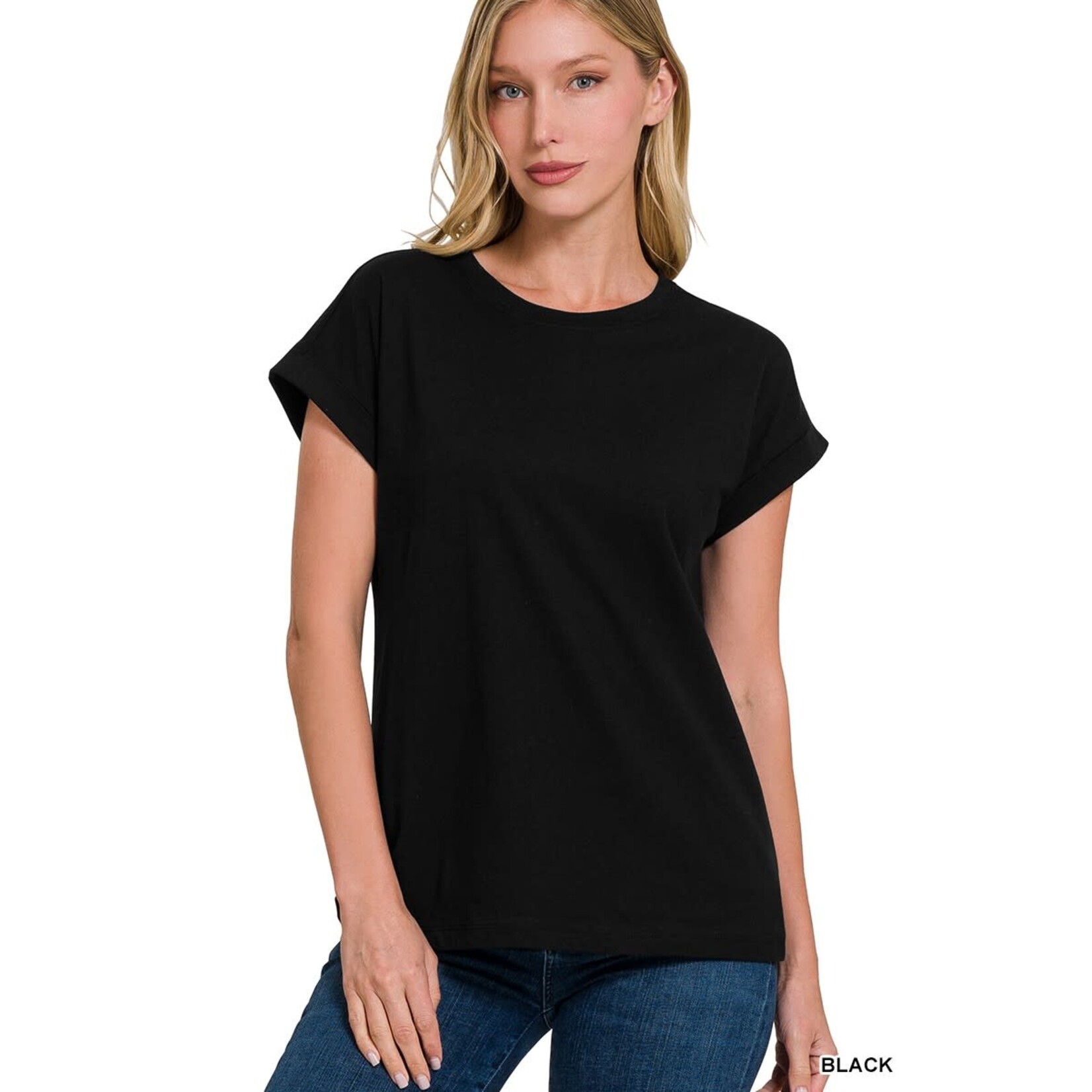 Zenana Zenana Cotton Folded Sleeve T-Shirt Black