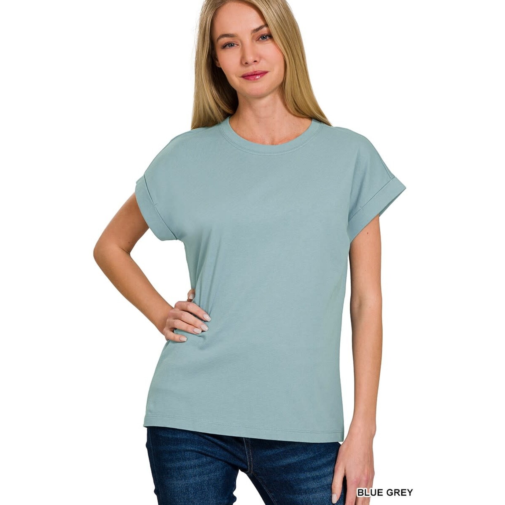Zenana Zenana Folded Sleeve T-Shirt Blue Grey