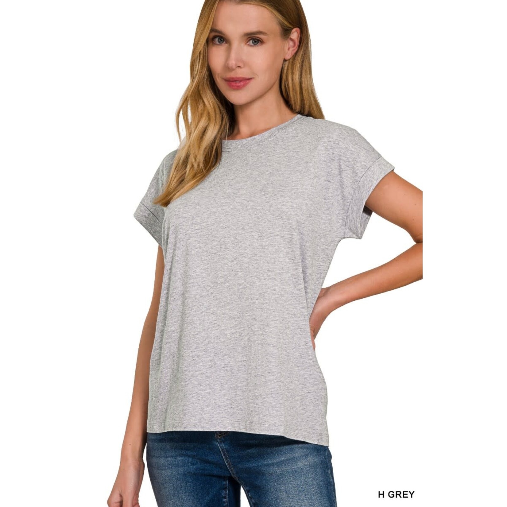 Zenana Zenana Cotton Folded Sleeve T-Shirt Heather Grey