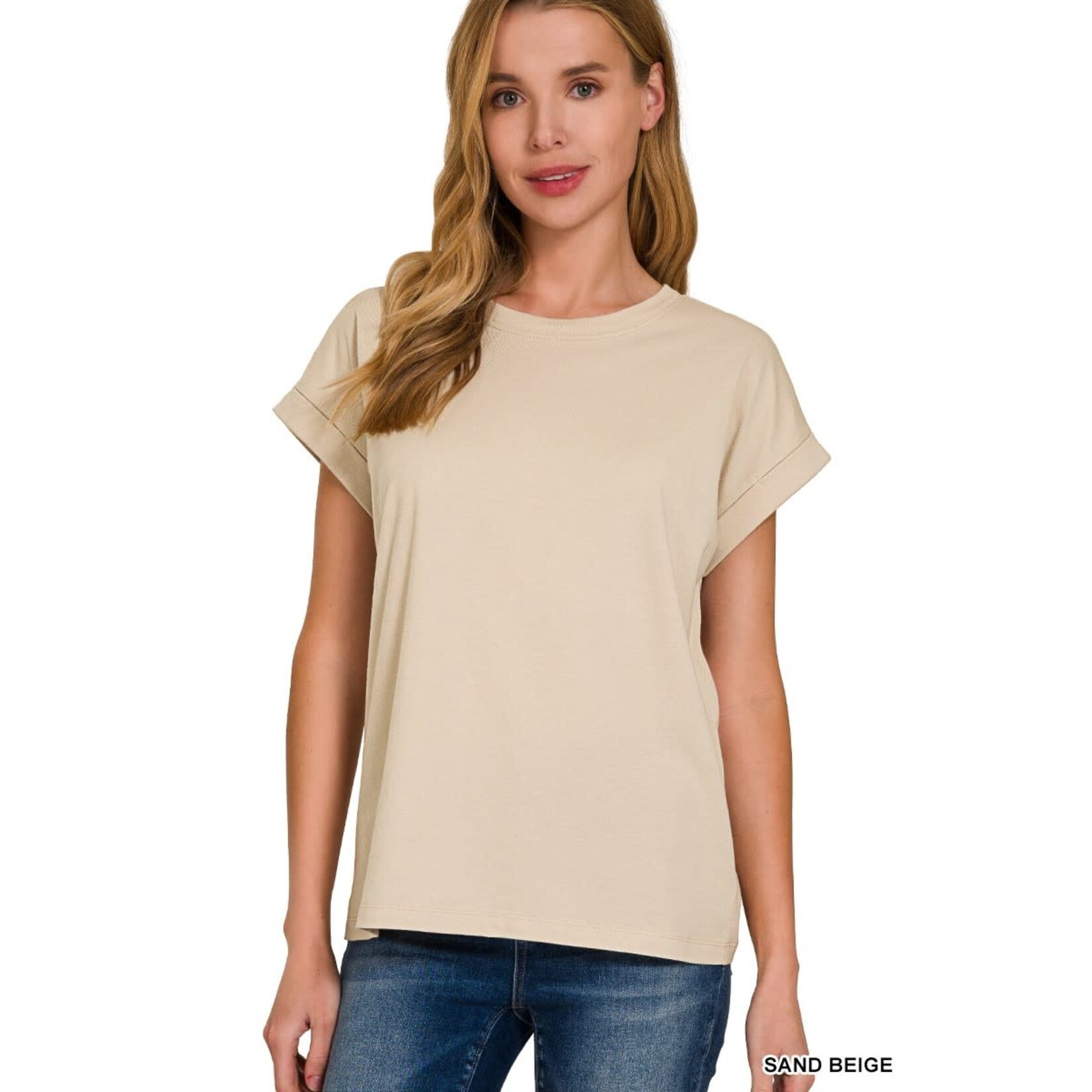 Zenana Zenana Cotton Folded Sleeve T-Shirt Sand Beige
