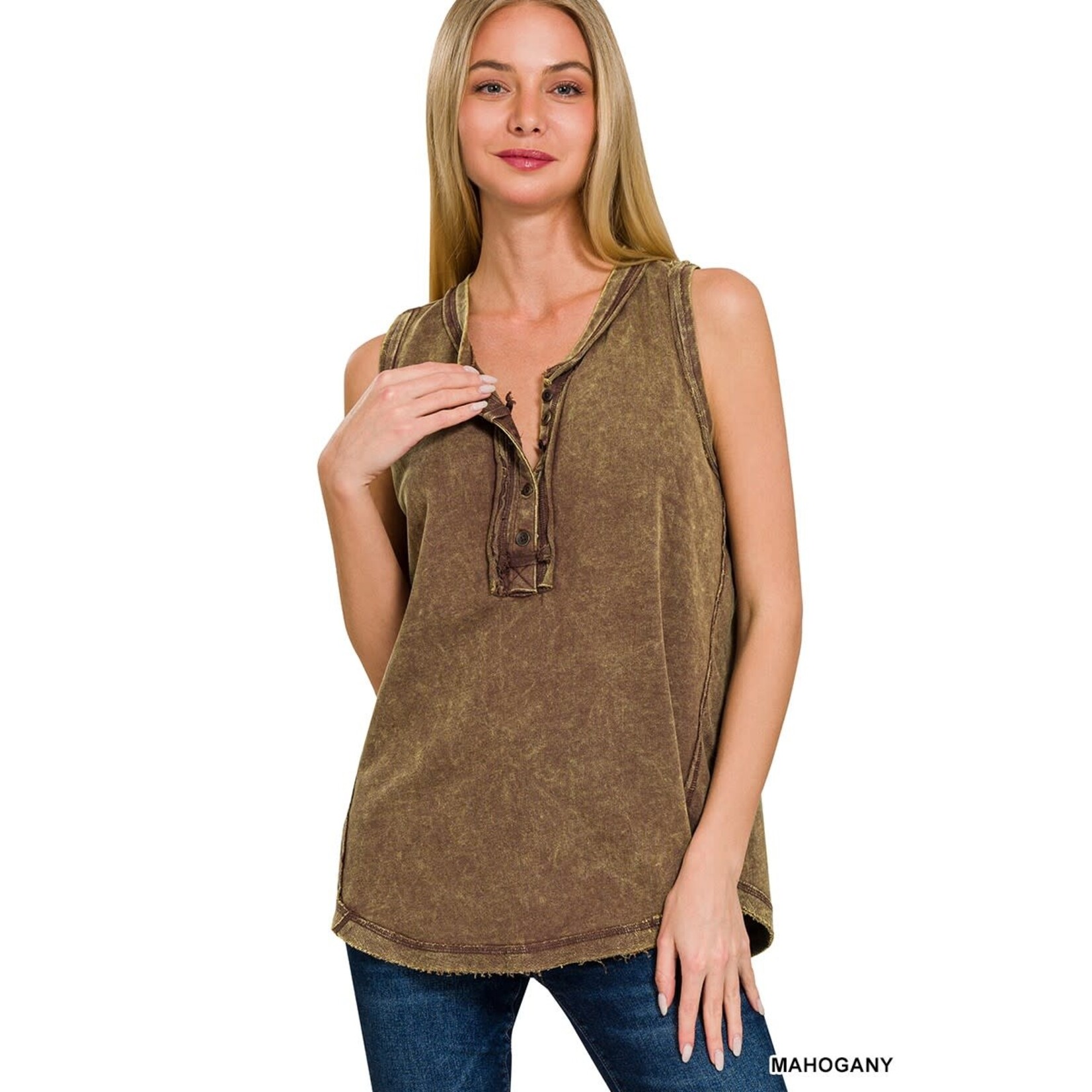 Zenana Zenana Washed Half-Button Sleeveless Henley Mahogany