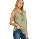 Zenana Zenana Washed Half-Button Sleeveless Henley Lt Olive