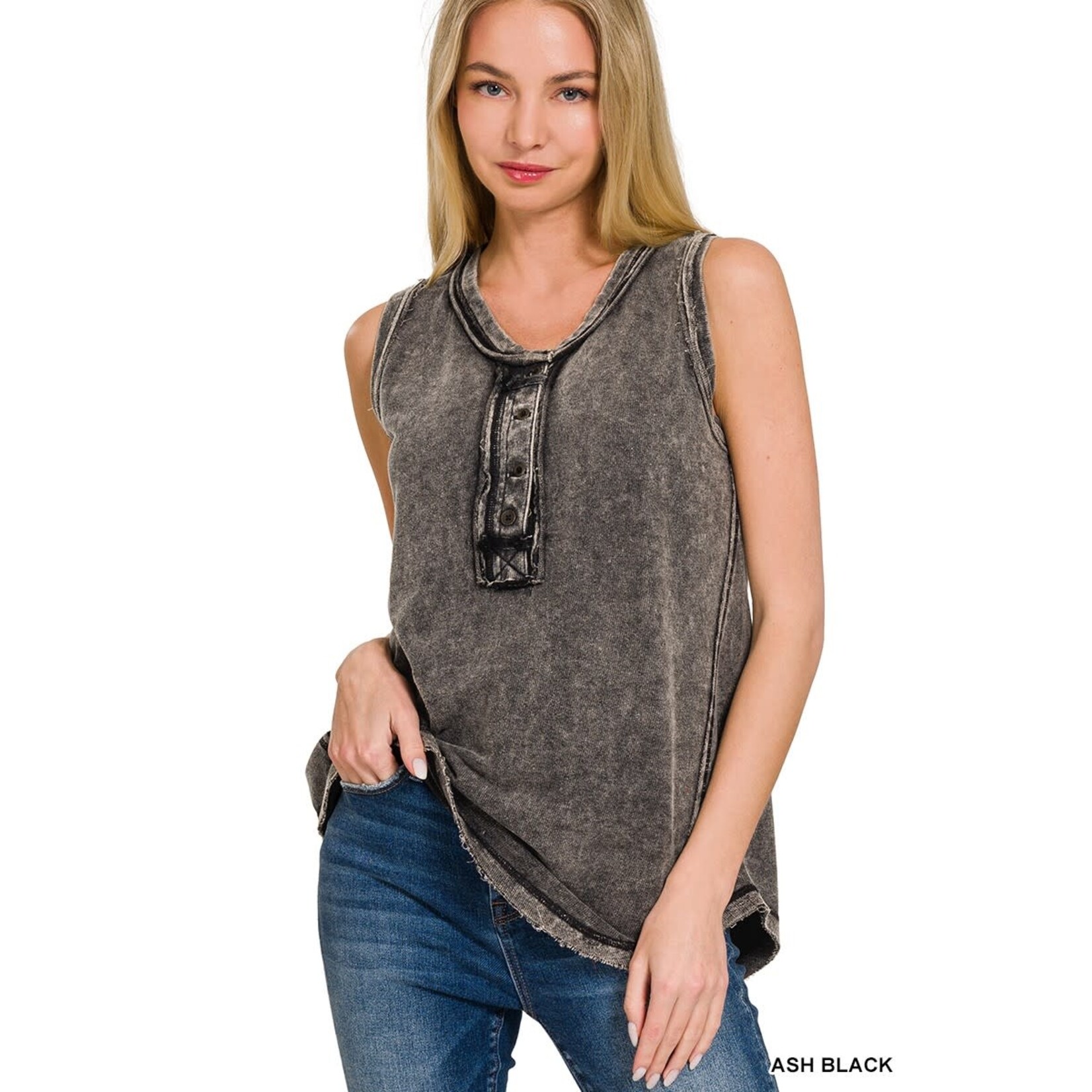 Zenana Zenana Washed Half-Button Sleeveless Henley Ash Black