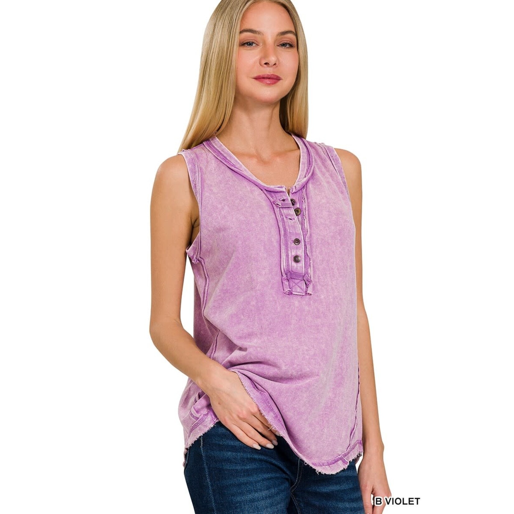 Zenana Zenana Washed Half-Button Sleeveless Henley Bright Violet