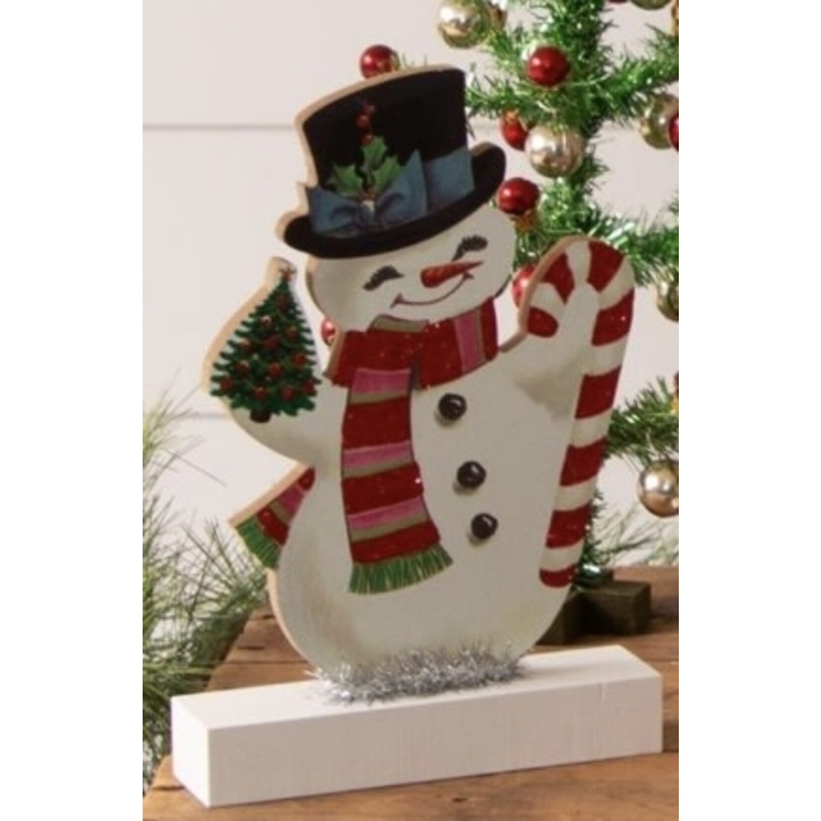 Audrey’s Vintage Snowman Cutout w/Tree & Candy Cane