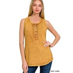 Zenana Zenana Washed Half Button Raw Edge Sleeveless Henley Deep Camel