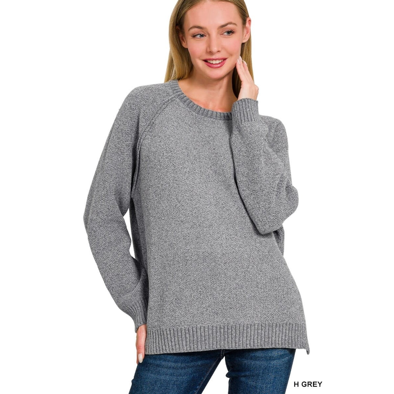 Zenana Zenana Chenille Raglan Sweater Heather Grey