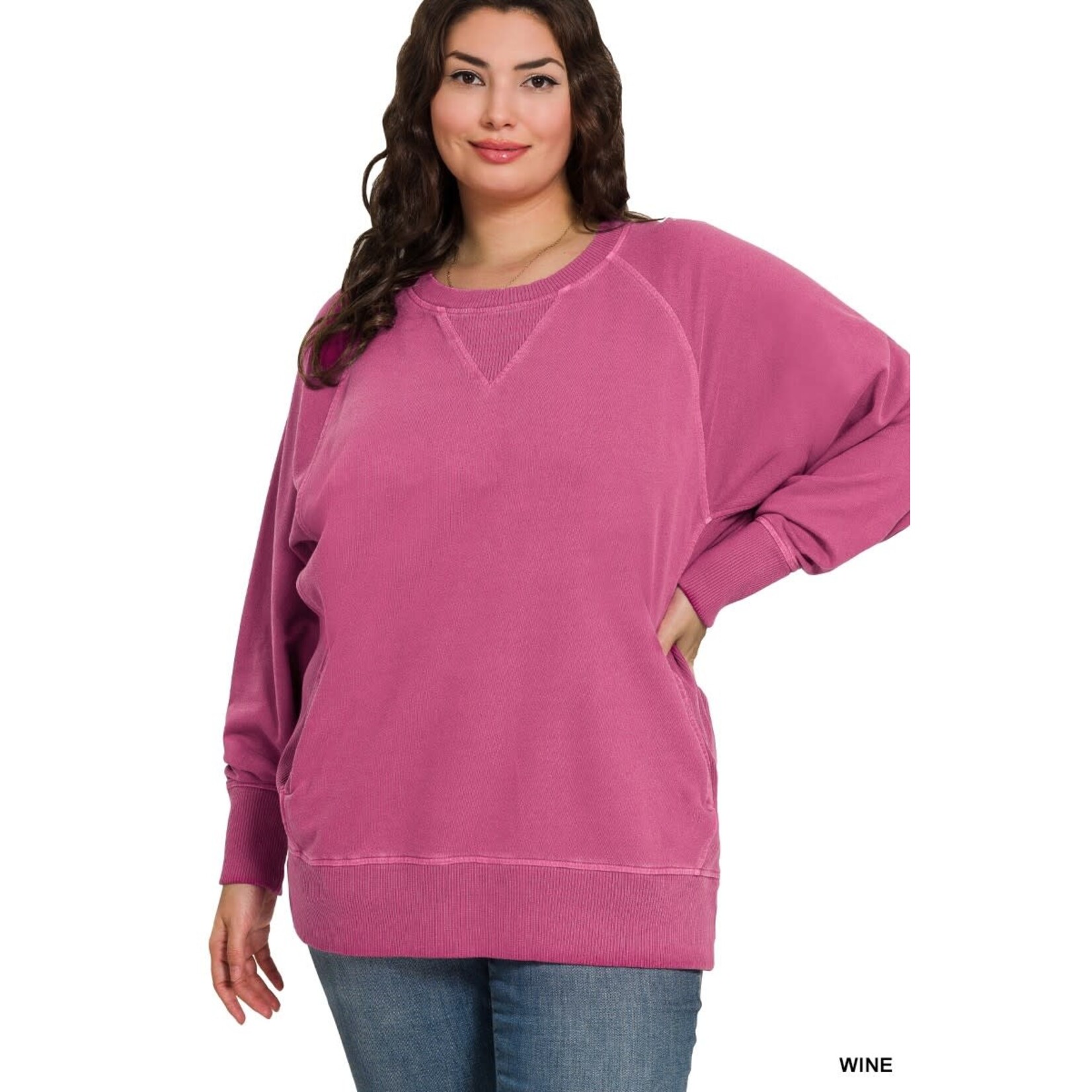 Zenana Zenana Pigment Dyed French Terry Pullover with Pockets Wine