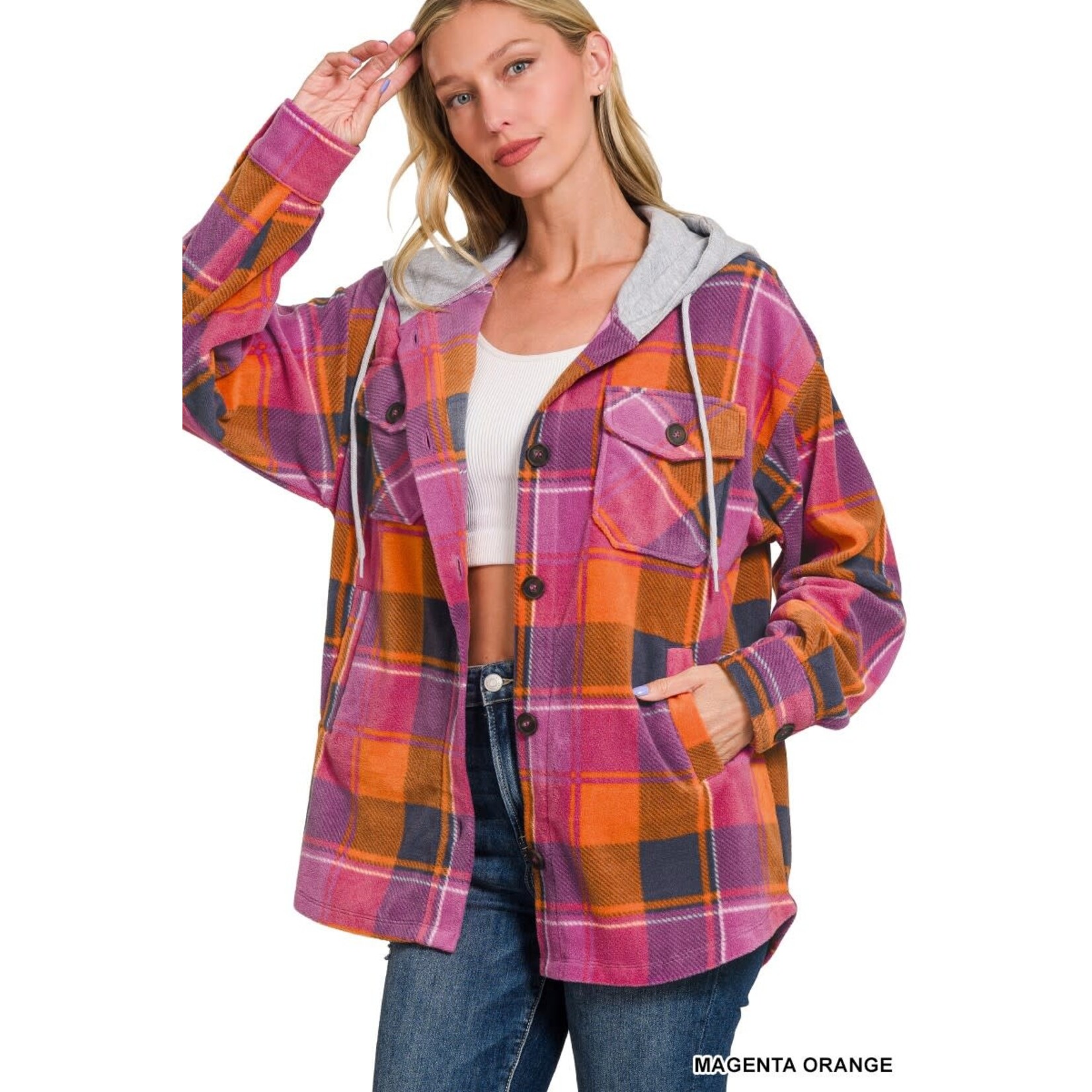 Zenana Zenana Plaid Fleece Shacket with Hood Magenta/Orange