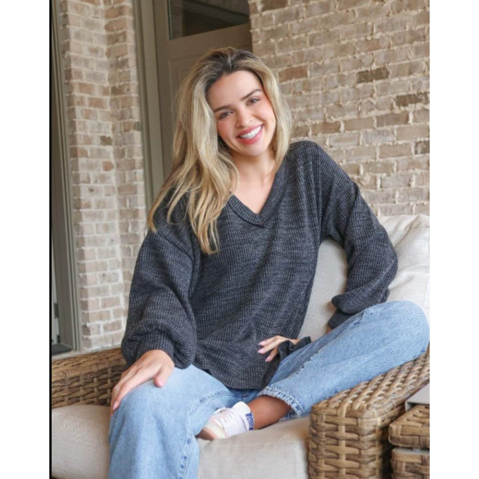 Simply Southern Simply Southern Long Sleeve V-Neck Knit Top Charcoal XL