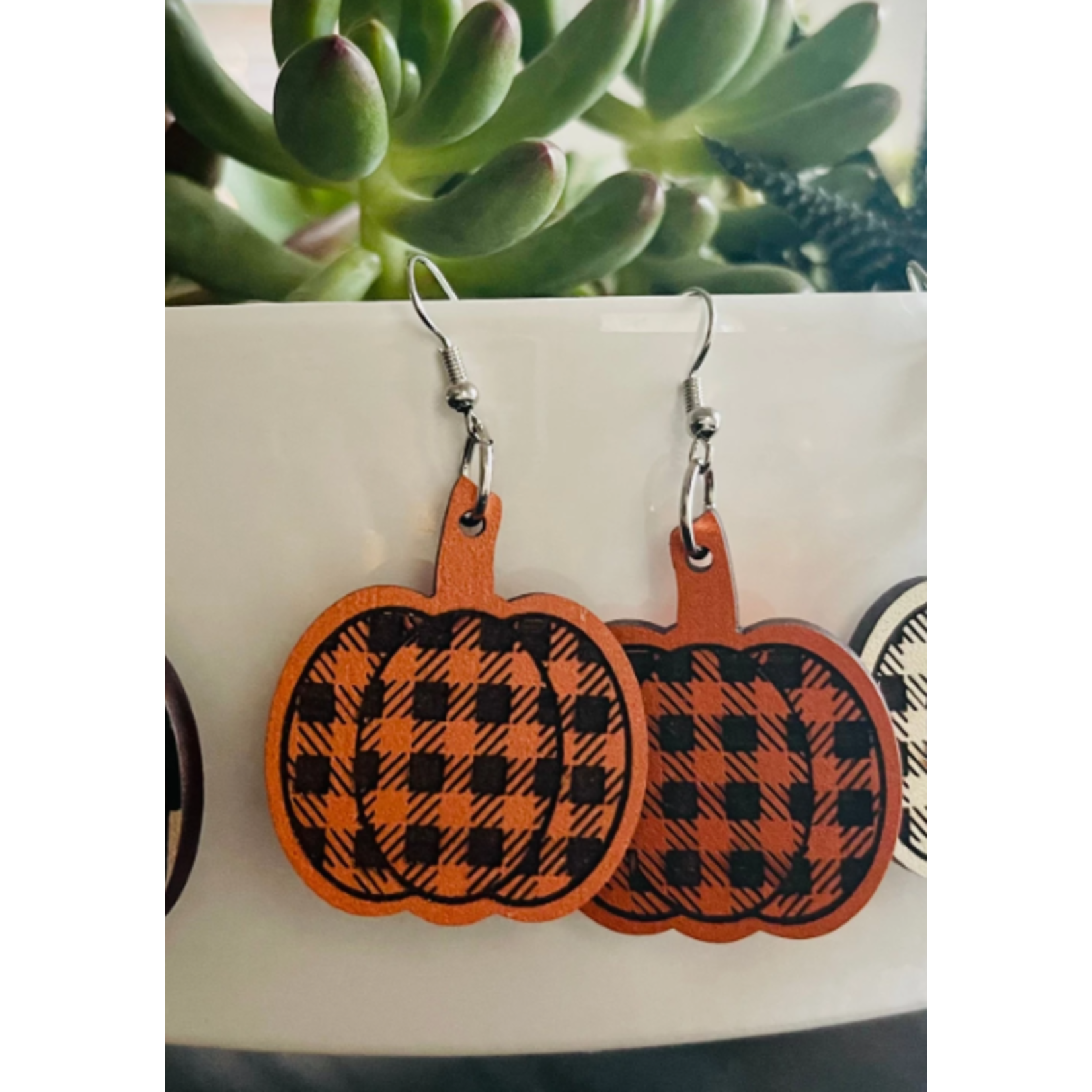 Southern Attitude Designs Southern Attitude Designs Wood Pumpkin Earrings Orange Black Plaid