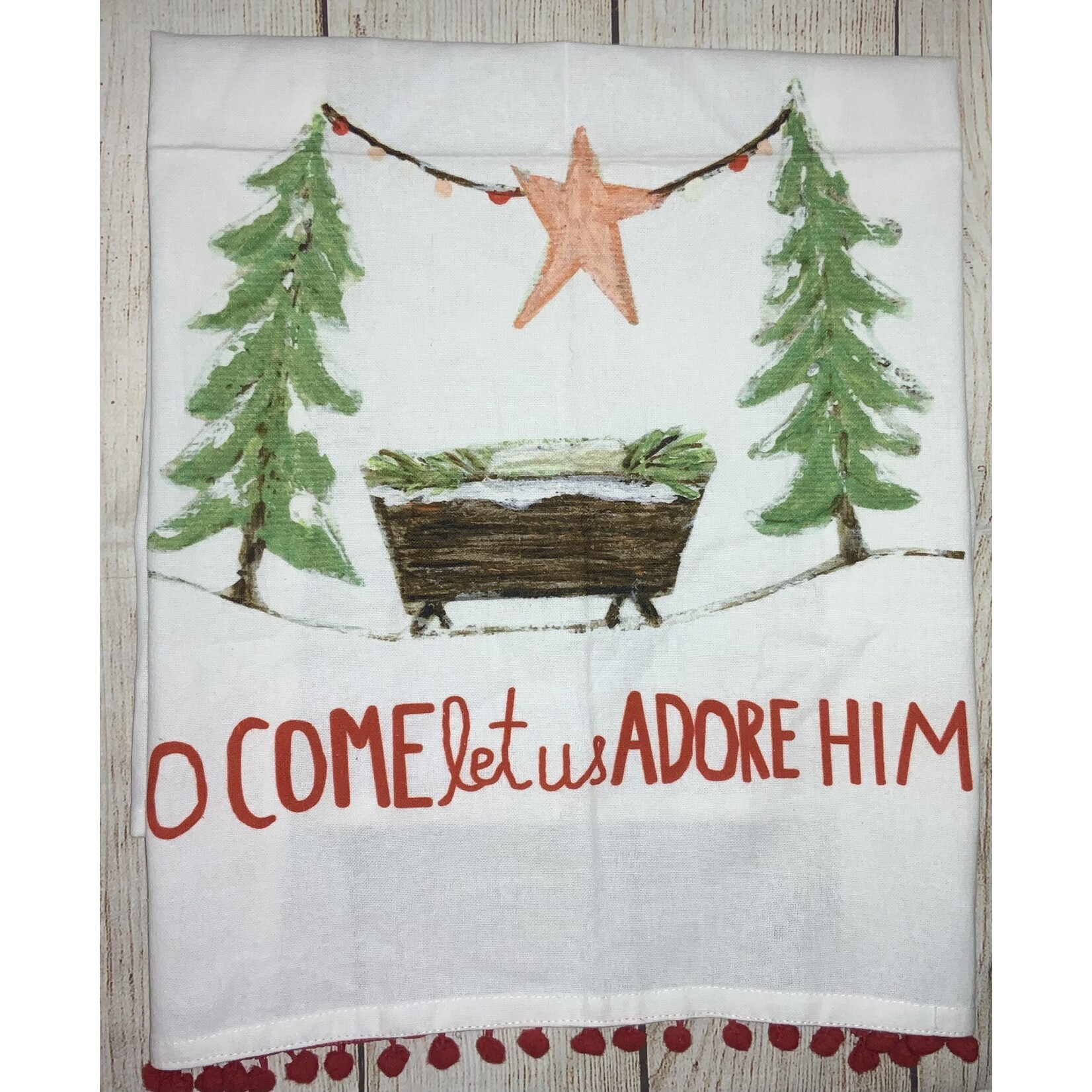 Creative Co-op Creative Co-op Tea Towel w/Pom O Come Let Us Adore Him