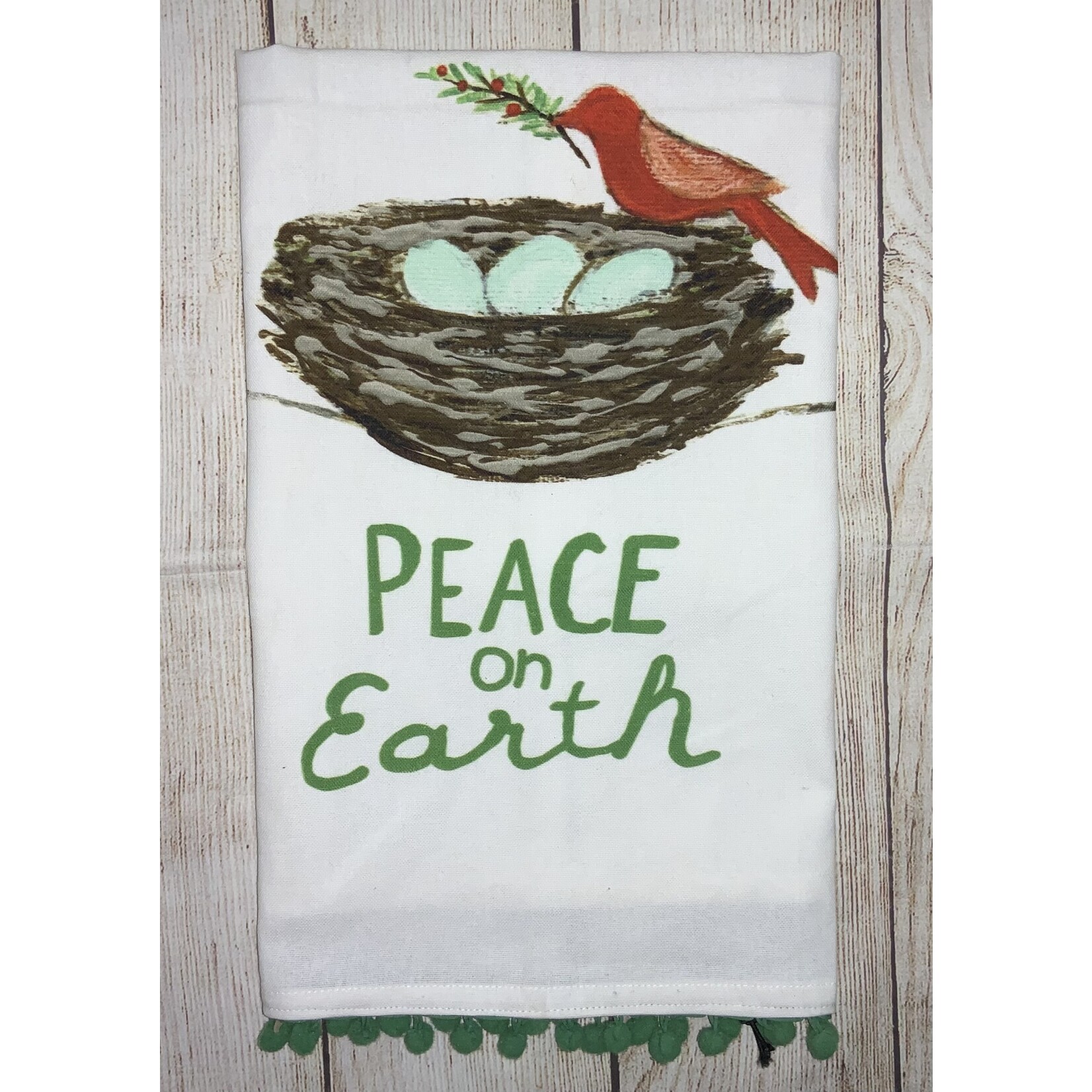 Creative Co-op Creative Co-op Tea Towel w/Pom Peace On Earth