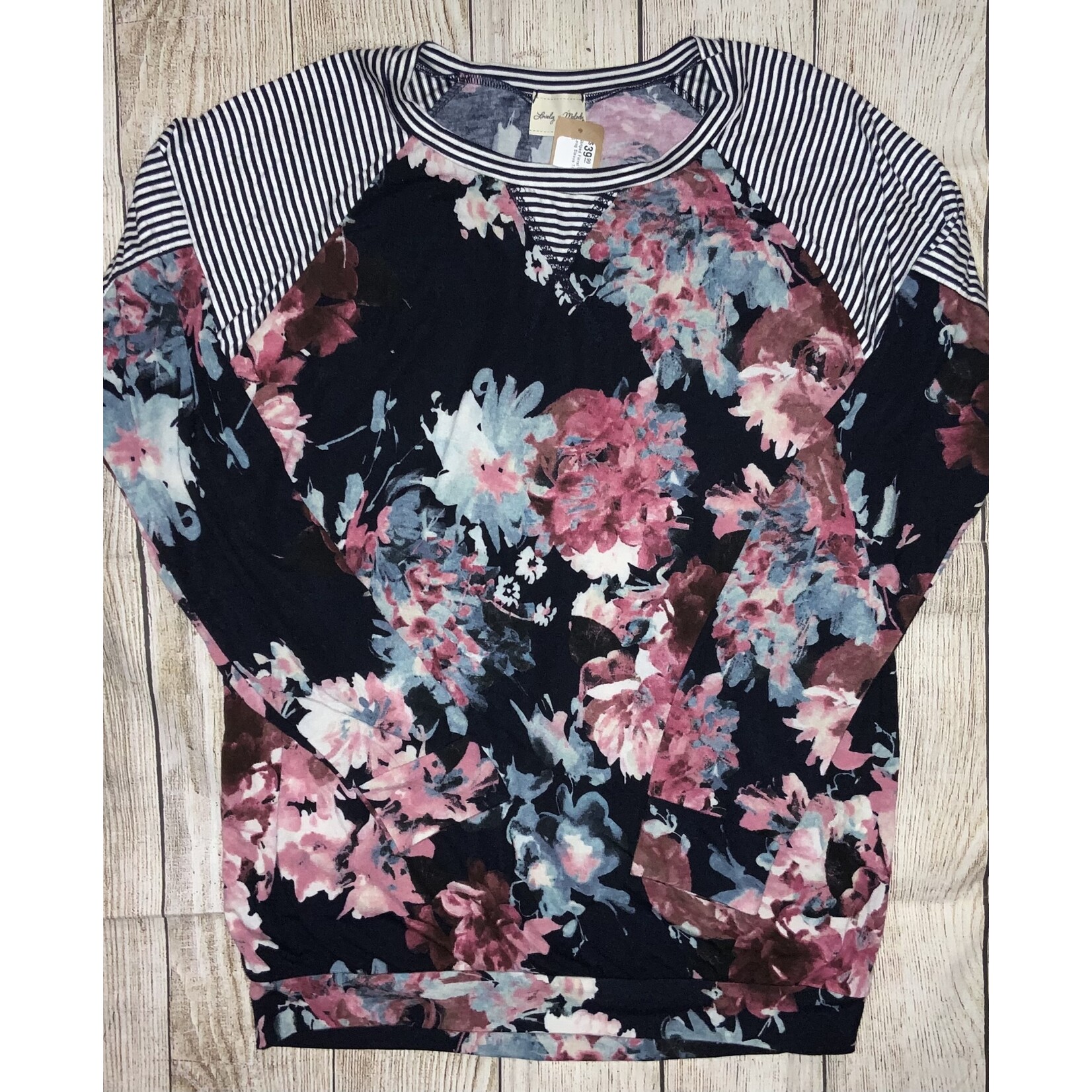 Lovely Melody Striped Floral Long Sleeve Top Small