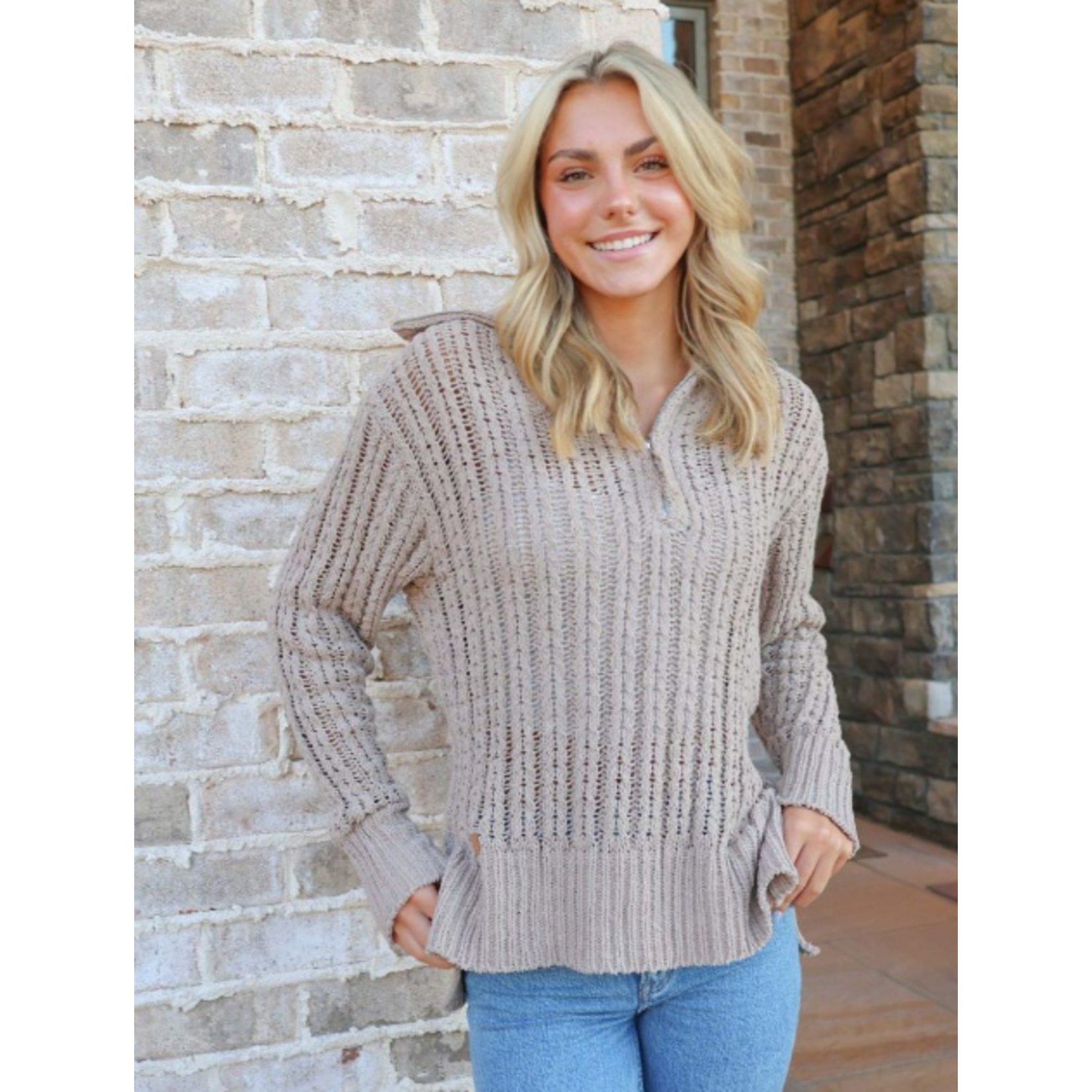 Simply Southern Simply Southern So Soft Quarter Zip Knit Sweater Tan