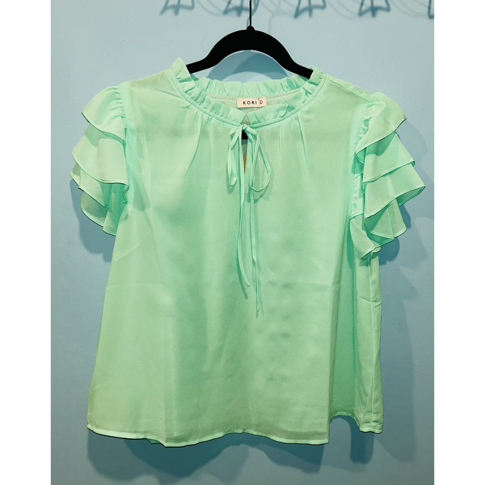 Kori Kori America Soft Chiffon Ruffle Sleeves Top Lime