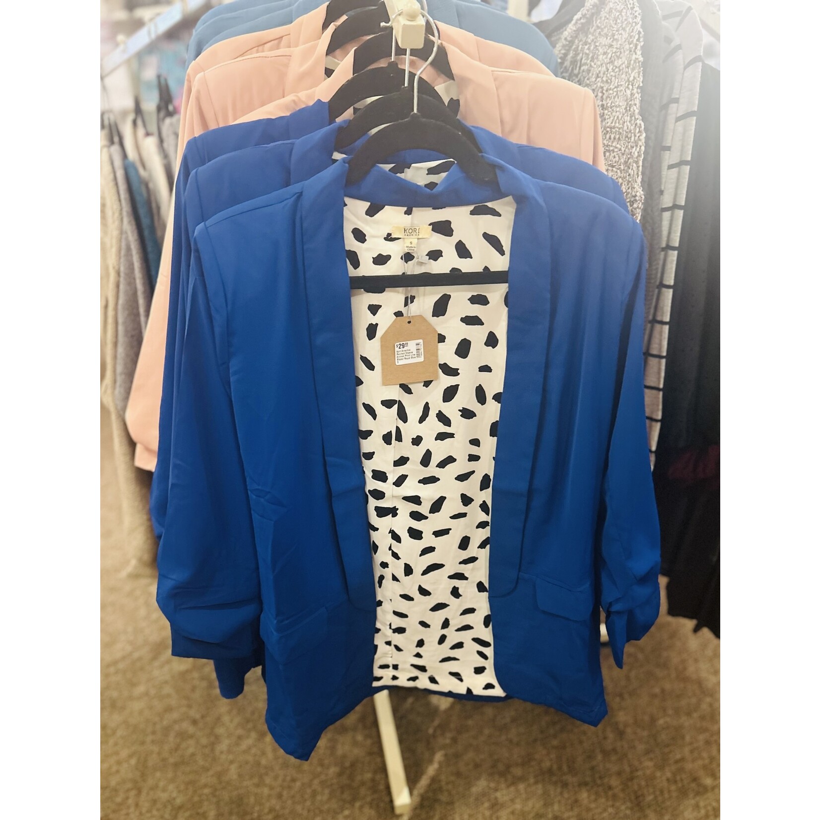 Kori Kori America Ruched Sleeve Animal Print Line Blazer Royal Blue