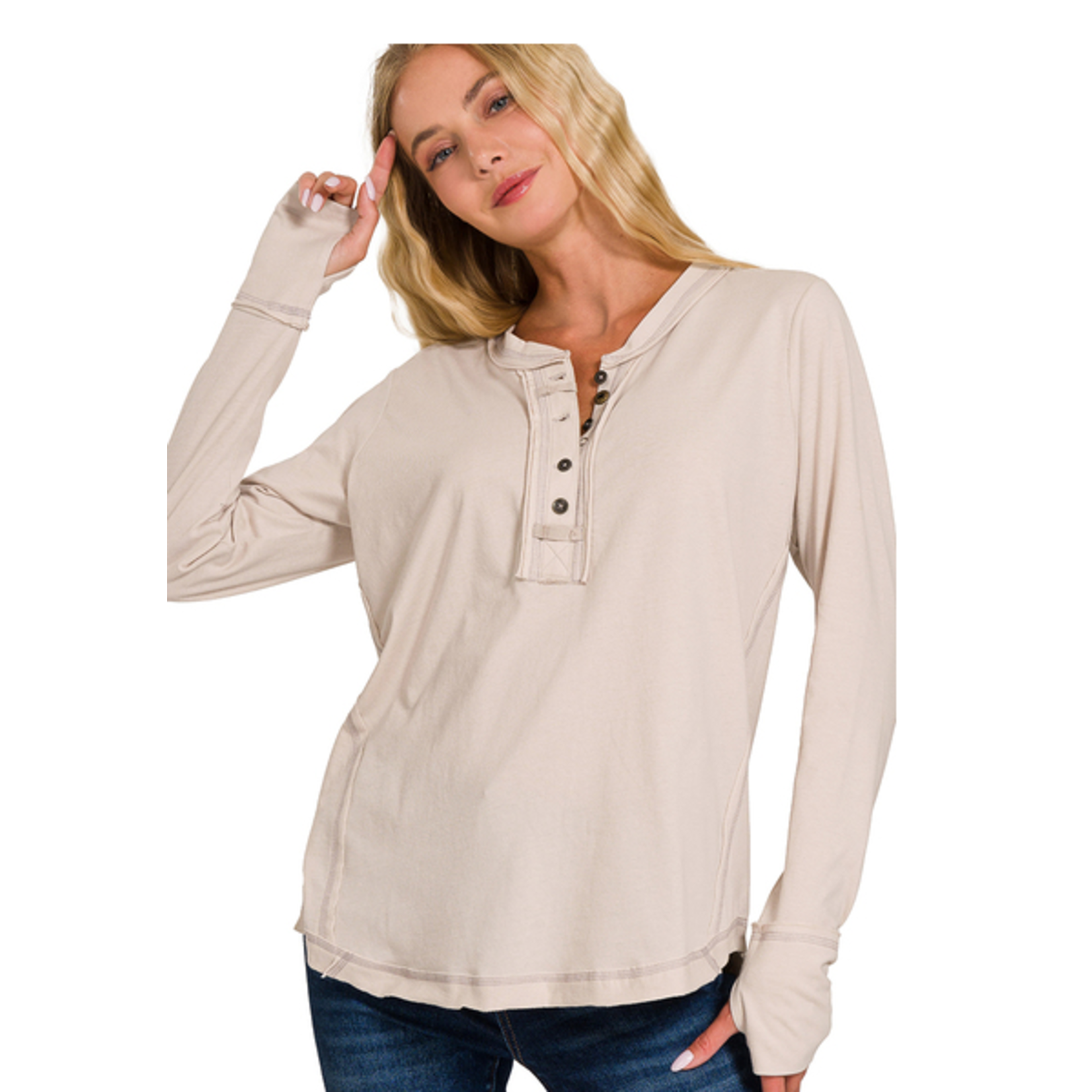 Zenana Zenana Thumb Hole Cuffs Button Closure Long Sleeve Sand Beige Size Small