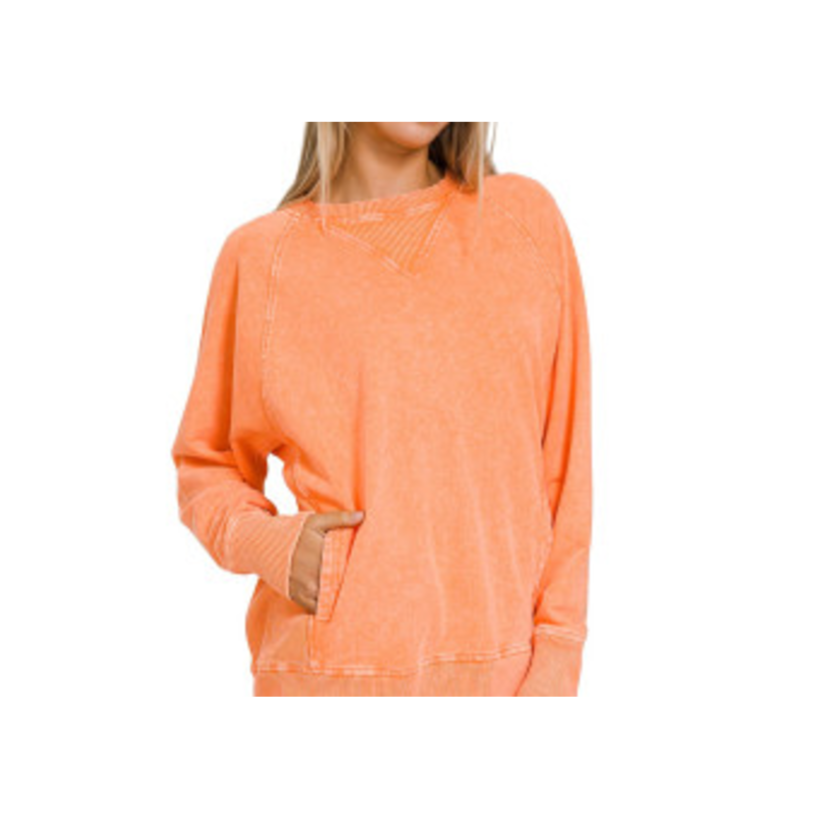 Zenana Zenana Acid Washed French Terry Pullover with Pockets Light Orange