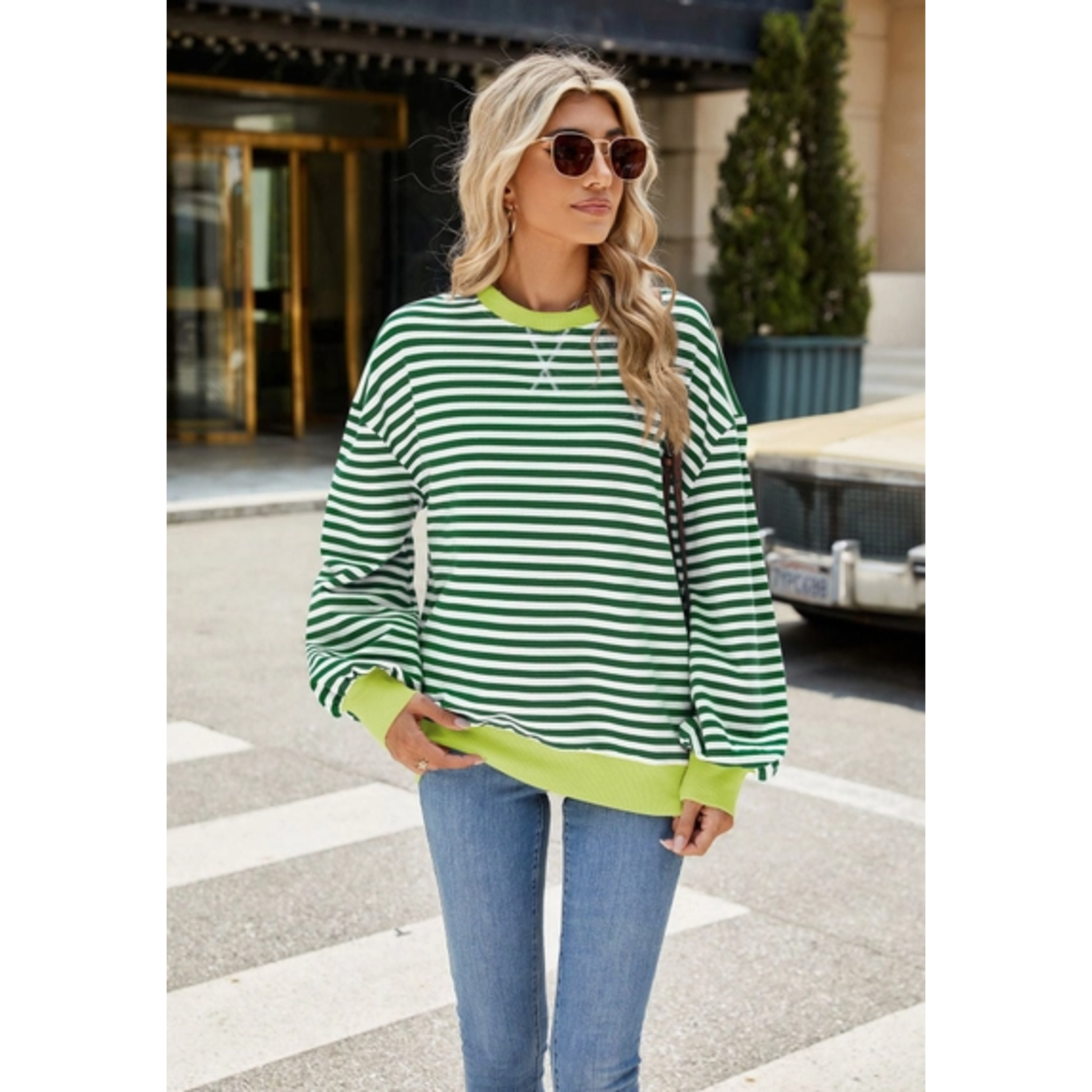 Lovesoft Lovesoft Color Contrast Crewneck Green and White Stripes Small