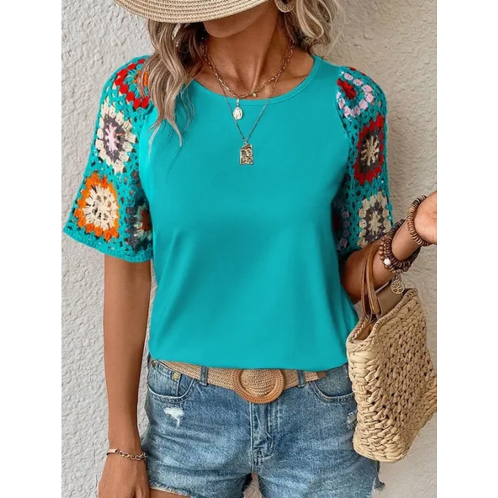 Lovesoft Lovesoft Half Sleeve Floral Crochet Top Turquoise