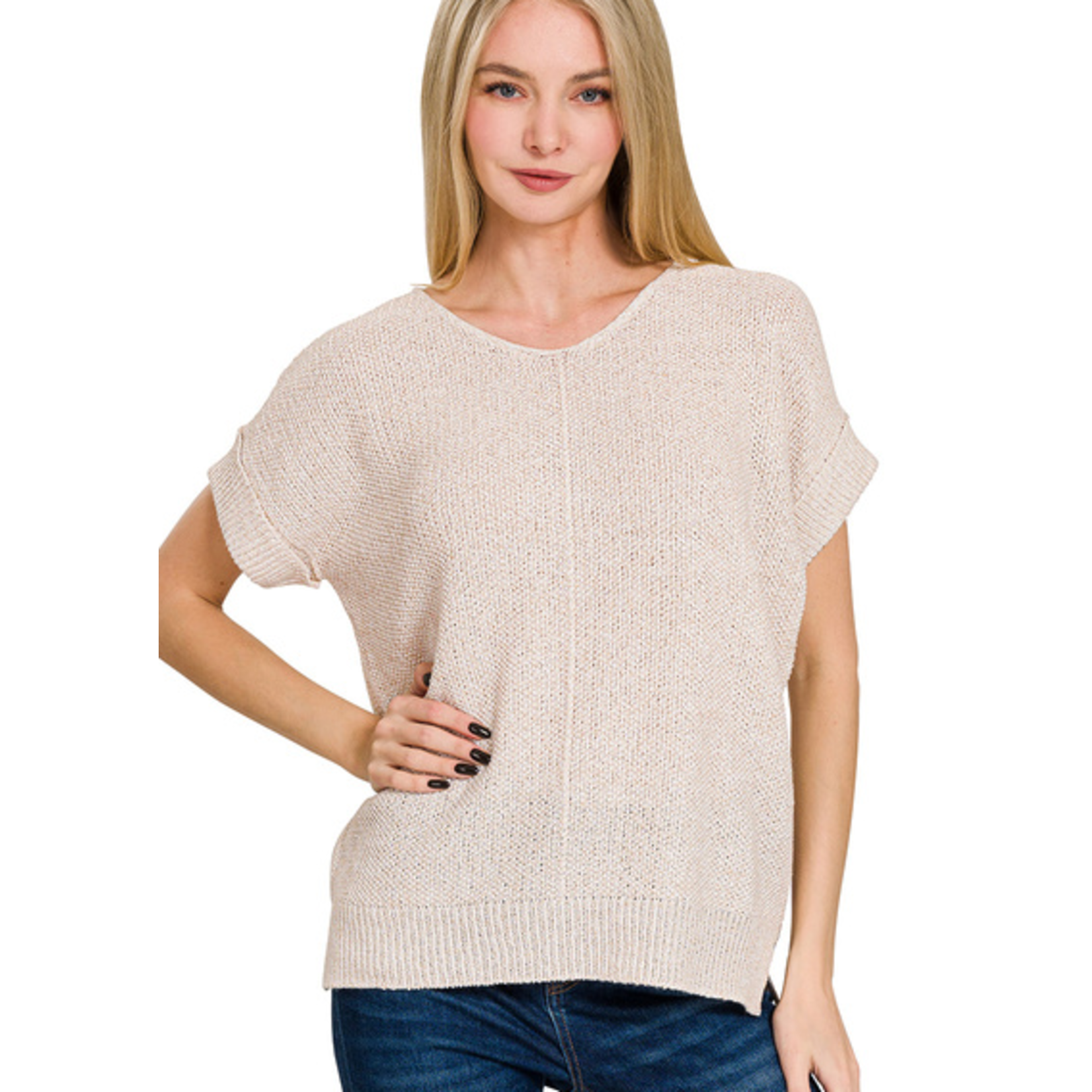 Zenana Zenana Center Seam Short Sleeve Sweater Heather Mocha