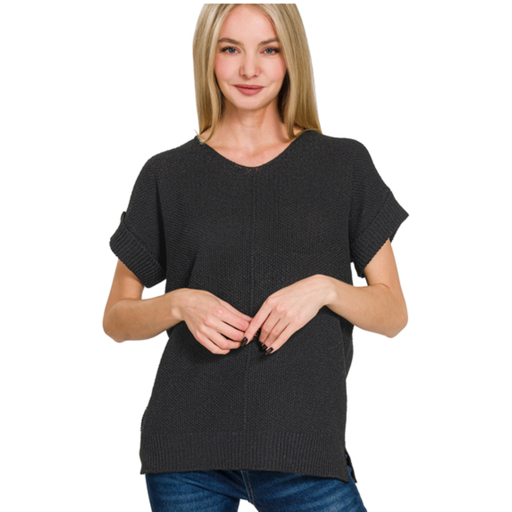 Zenana Zenana Center Seam Short Sleeve Sweater Black