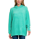 Zenana Zenana Hooded Bushed Melange Hacci Sweater Turquoise
