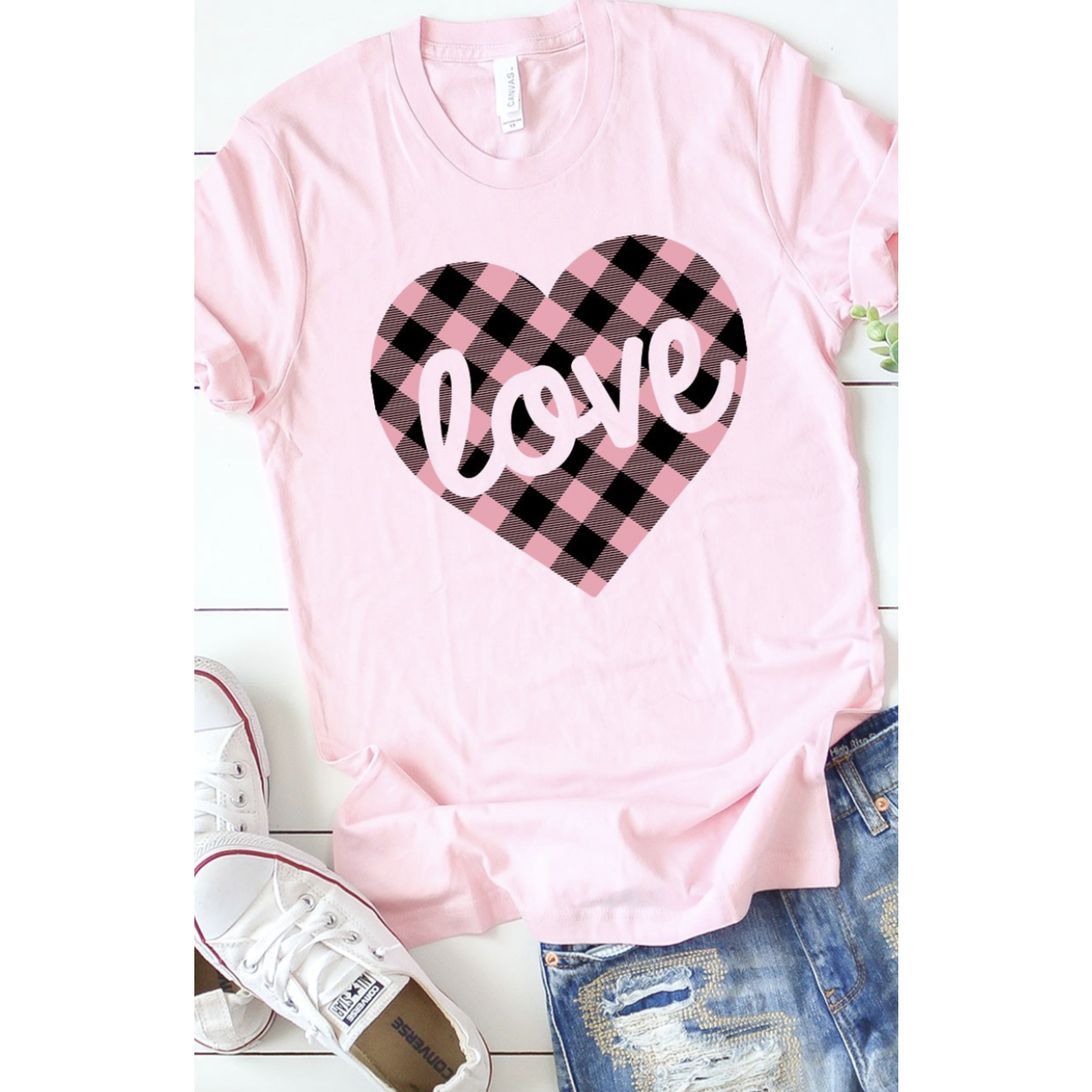 Kissed Apparel Pink Plaid Love Graphic Tee Size Medium