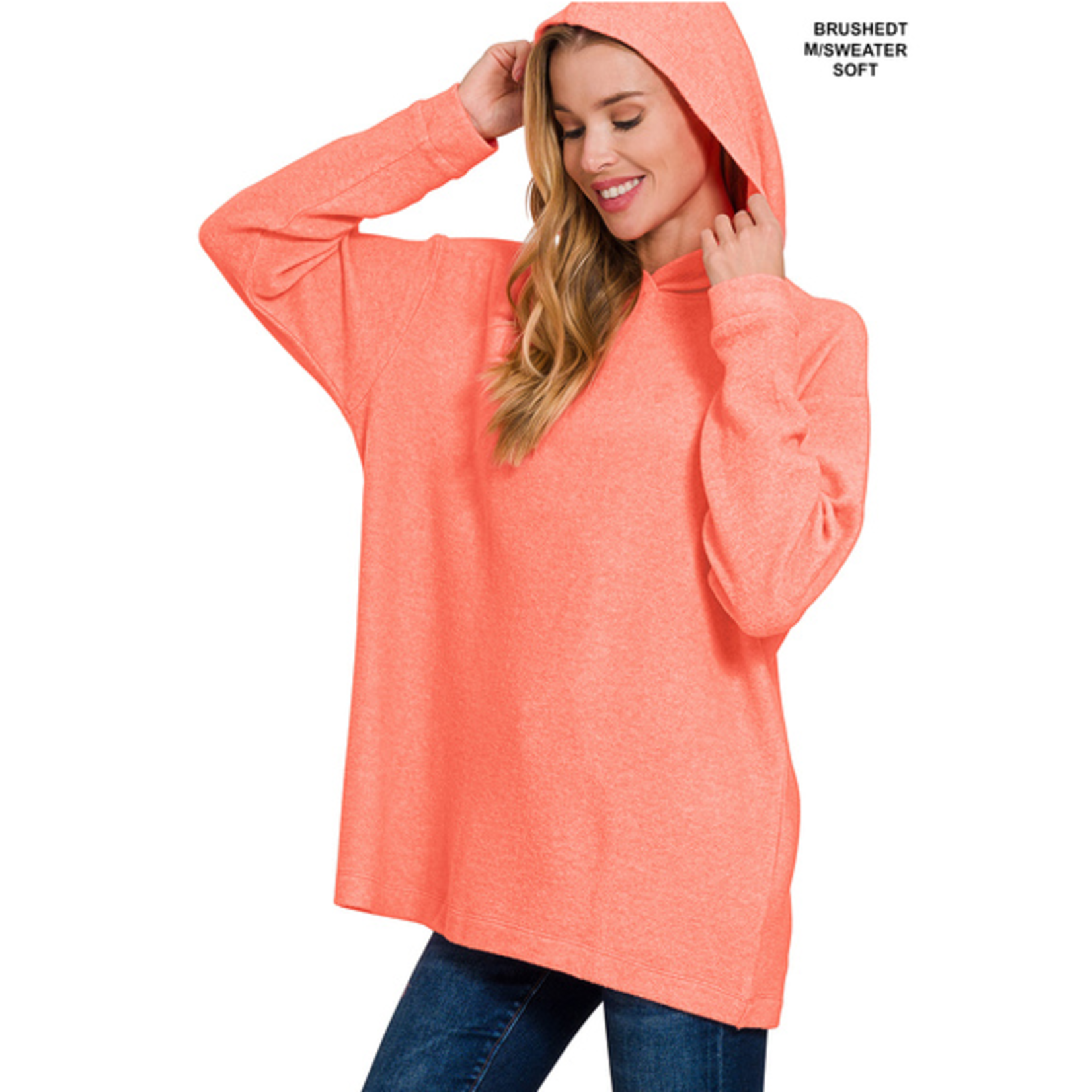 Zenana Zenana Hooded Brushed Melange Hacci Sweater Coral