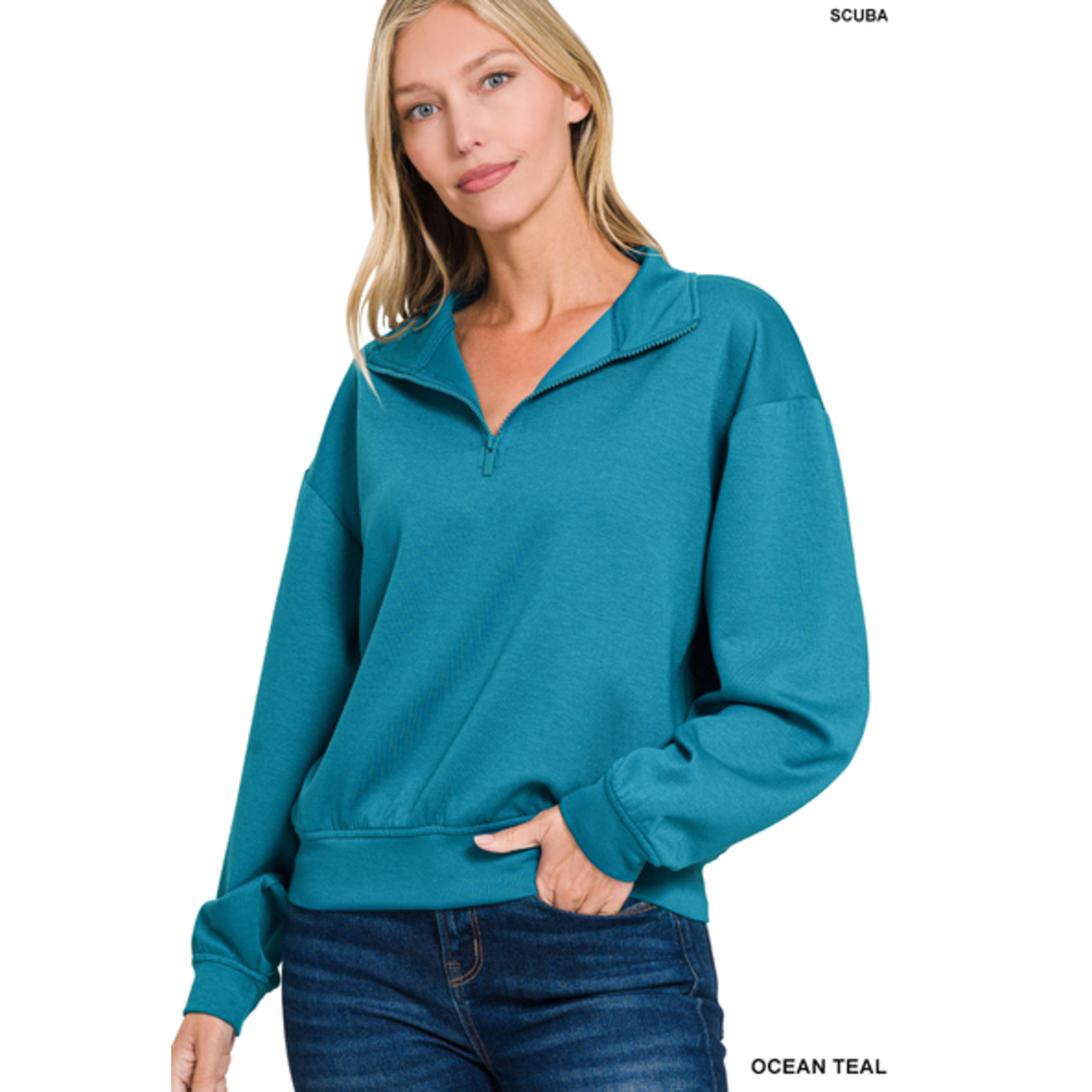Zenana Zenana Scuba Half Zip Pullover Sweatshirt Ocean Teal