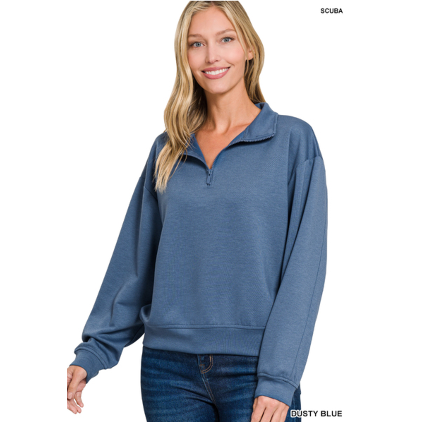 Zenana Zenana Scuba Half Zip Pullover Sweatshirt Dusty Blue