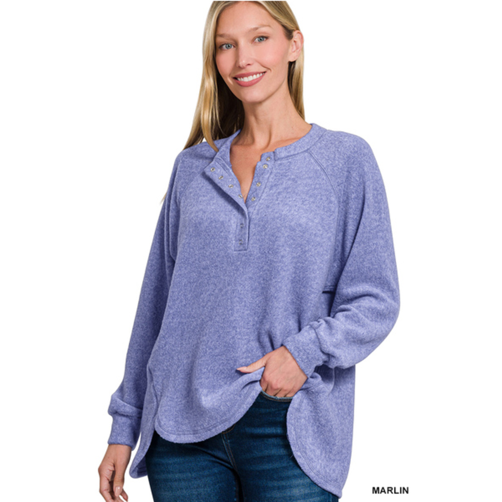 Zenana Zenana Brushed Hacci Oversized 7-Button Henley Sweater Marlin