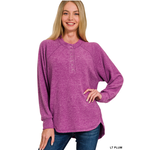 Zenana Zenana Brushed Hacci Oversized 7-Button Henley Sweater Light Plum