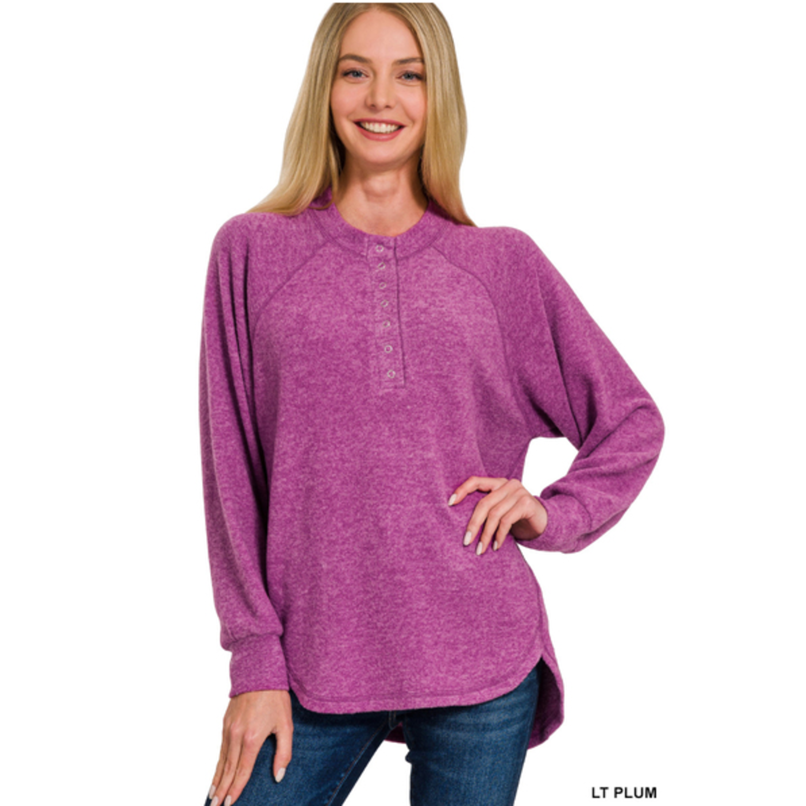 Zenana Zenana Brushed Hacci Oversized 7-Button Henley Sweater Light Plum