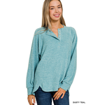 Zenana Zenana Brushed Hacci Oversized 7-Button Henley Sweater Dusty Teal