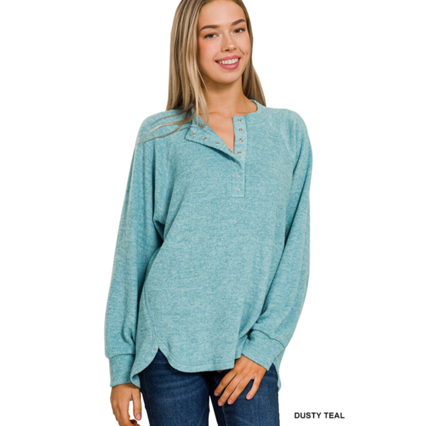 Zenana Zenana Brushed Hacci Oversized 7-Button Henley Sweater Dusty Teal